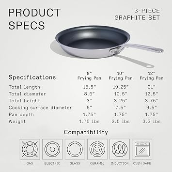 Made In Cookware - ProCoat Non Stick 3 Piece Frying Pan Set (Includes 8, 10, 12) - 5 Ply Stainless Clad - Professional Cookware - Crafted in Italy - Induction Compatible - (Graphite)