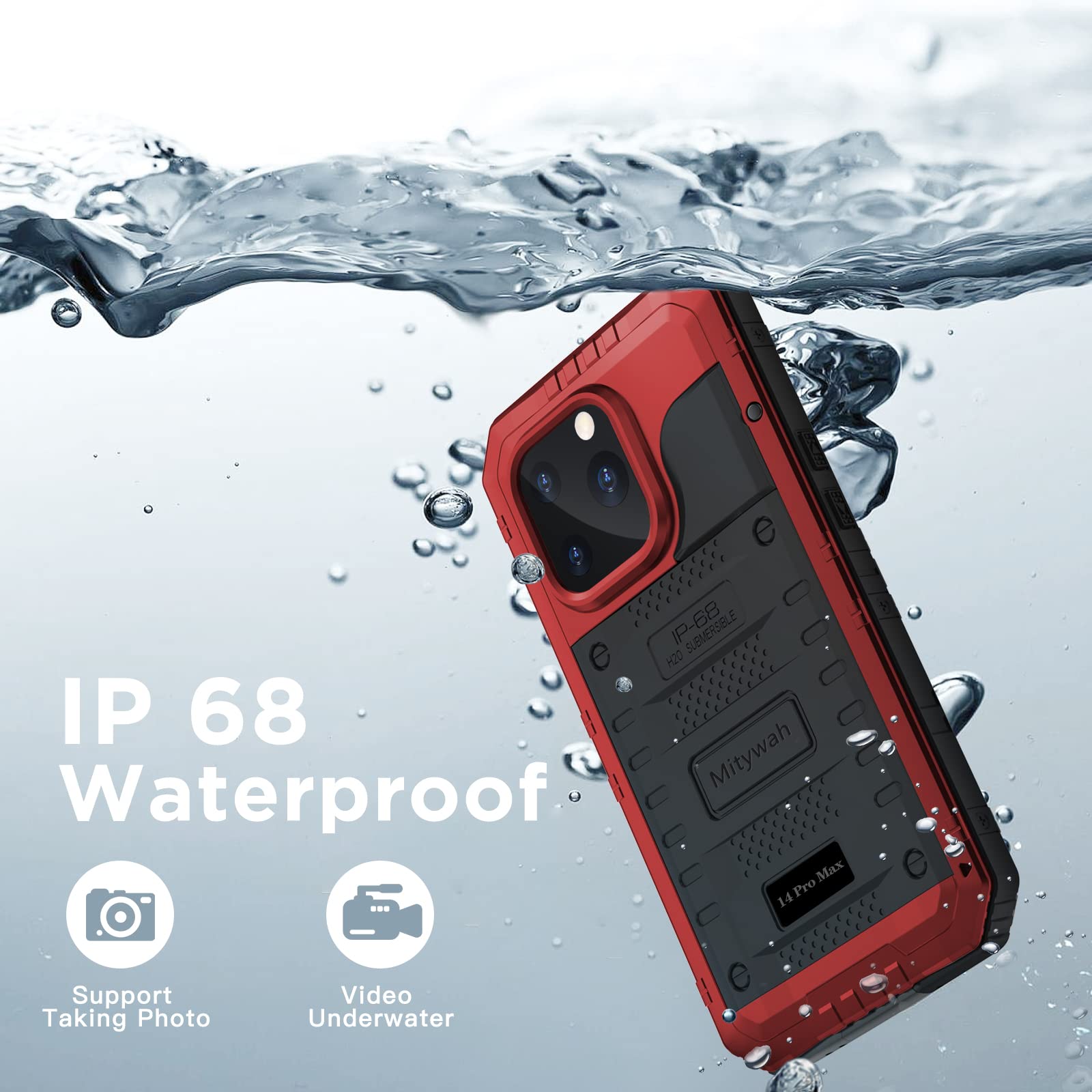 Mitywah Funda Impermeable para iPhone 14 Pro MAX, Funda Resistente a los Golpes con Protector de Pantalla Integrado, Carcasa de Metal de protección subacuática de Cuerpo Completo de 17 cm, Color Rojo