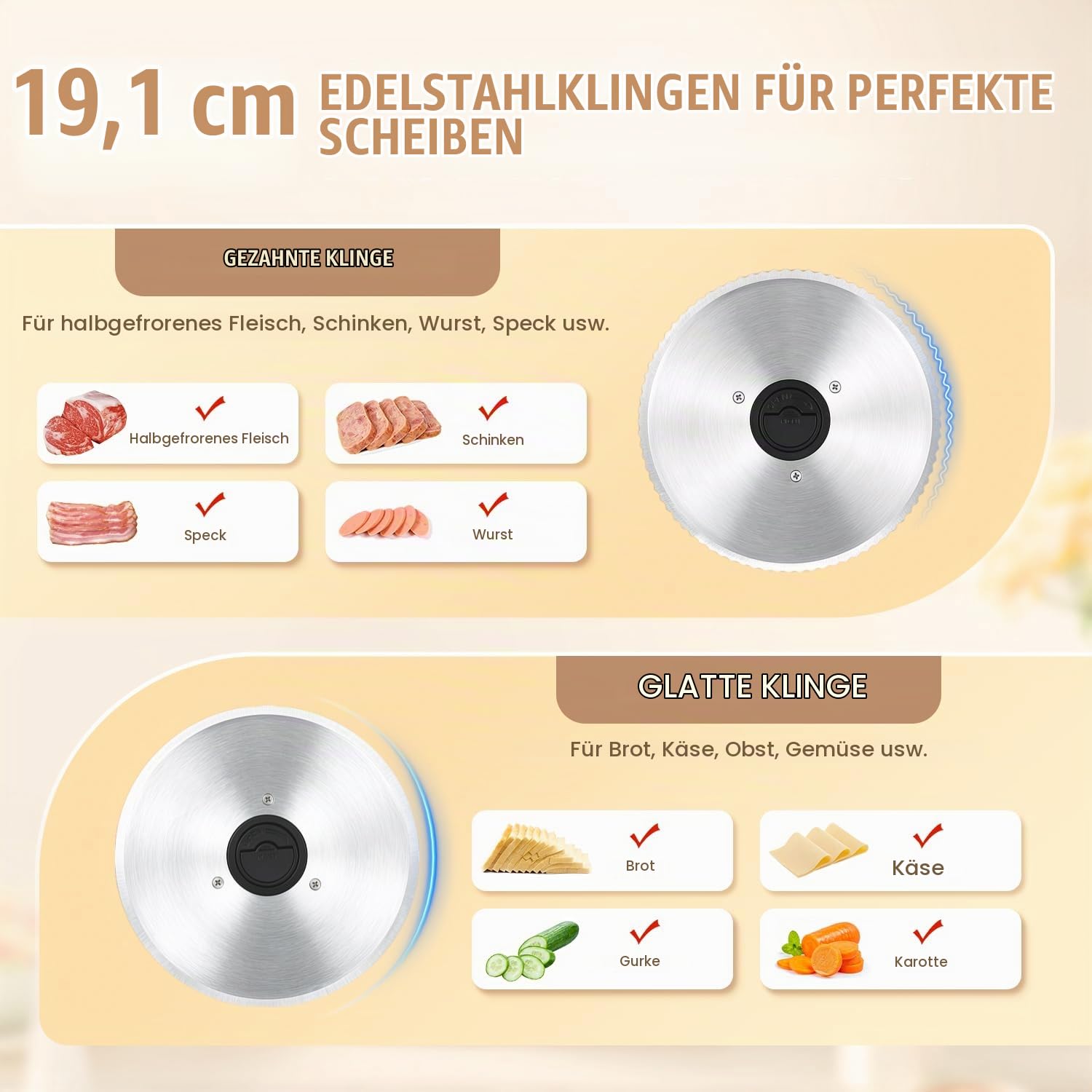 Moongiantgo Allesschneider Elektrisch, 2 Klingen, 0-15mm Dicke Einstellbar | Edelstahl Schneidemaschine, Abnehmbaren 19cm Klingen, Kindersicherung, 200W, für Fleisch, Käse, Brot, Schinken & Gemüse
