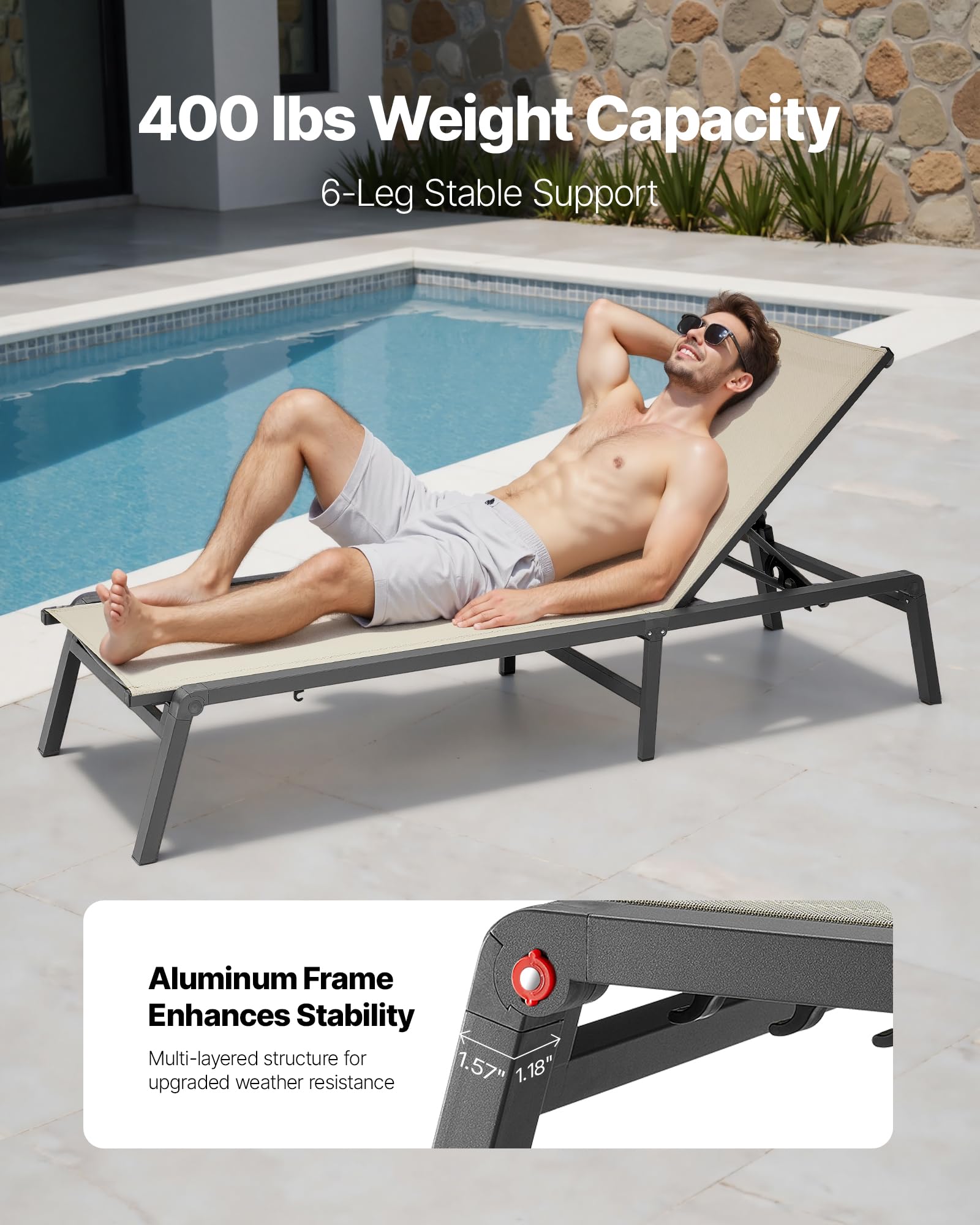VEVOR Set di Sedie a Sdraio da Esterno 2 pezzi, Carico 180 kg, Sedia a Sdraio Pieghevole, Posizioni Regolabili, Facile da Montare, Sdraio Reclinabili in Alluminio per Piscina, Spiaggia, Giardino