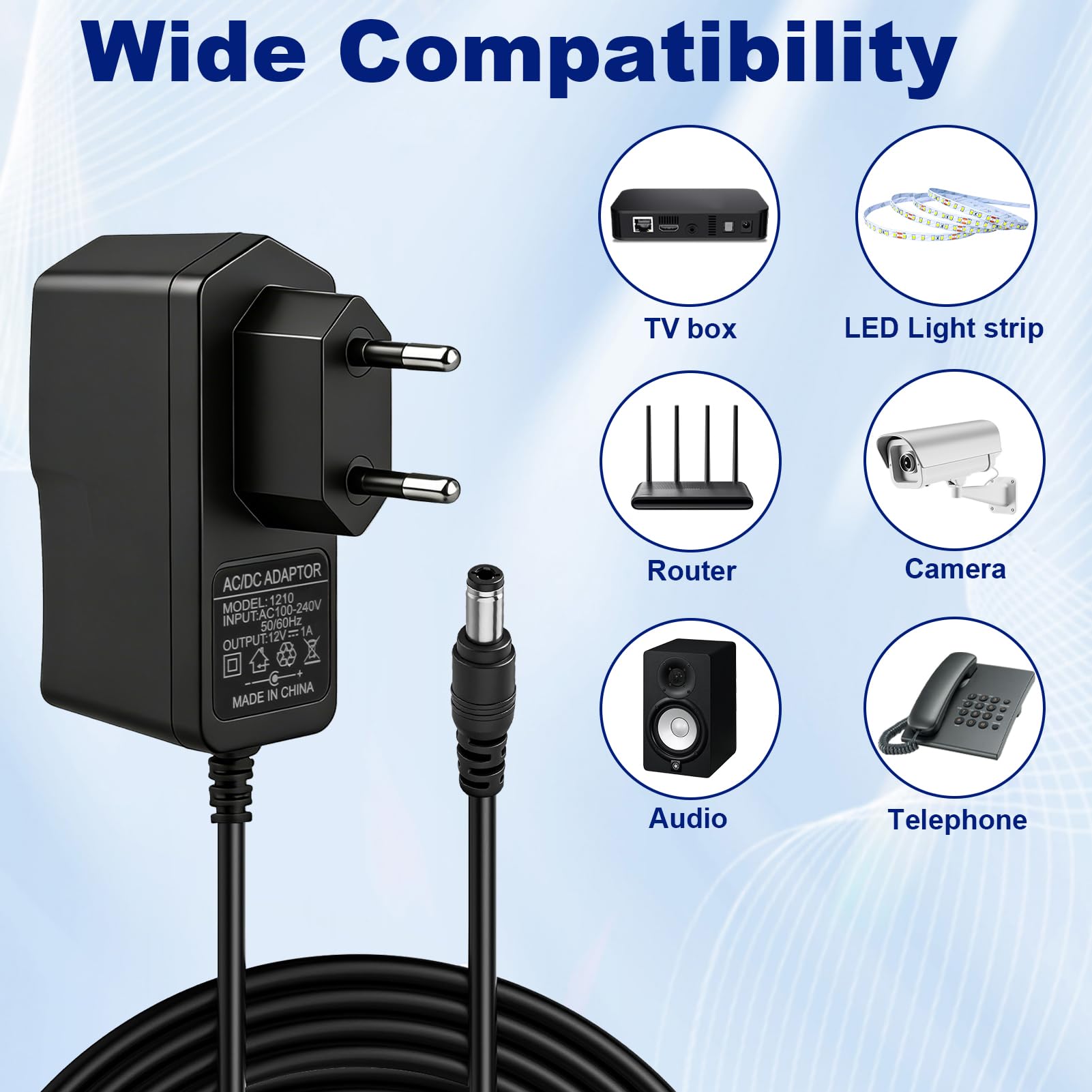 Uniwersalny zasilacz sieciowy 12 V, 12 W, zasilacz AC 100-240 V 50/60 Hz, 12 V uniwersalny zasilacz ze złączem 5,5 x 2,5 mm, ładowarka do taśm LED TV Box, router, 1 M