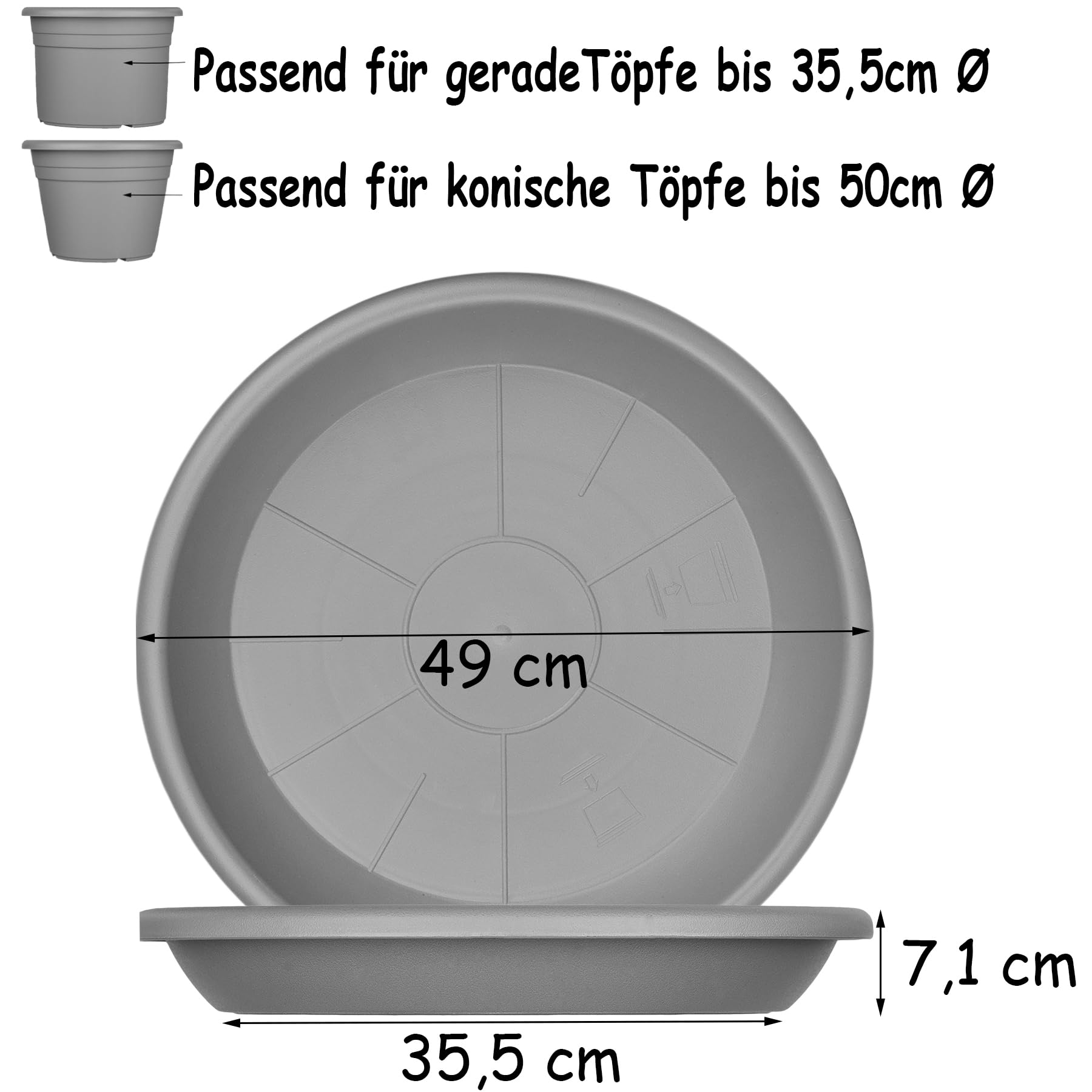 BigDean 3X Blumentopf Untersetzer Ø 49 cm Farbe Anthrazit Kunststoff Blumenuntersetzer Blumentopfuntersetzer passend zu Ø 50 cm Blumentöpfen