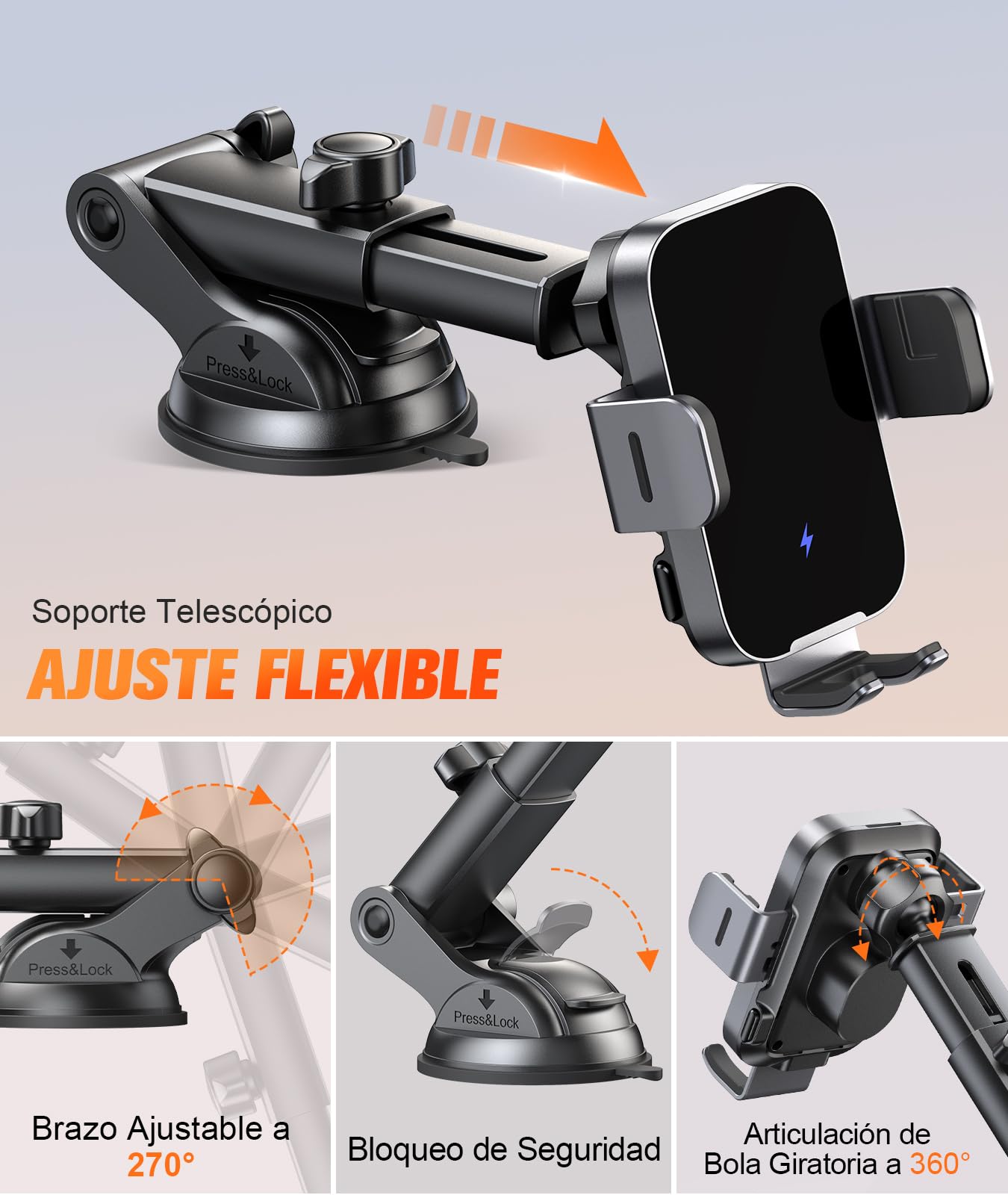 ISEYOU 15W Cargador Inalambrico Coche, [Sujeción Automático] Soporte Movil Coche Cargador Inalambrico, Wireless Car Charger con Ventosa y Clip de Ventilación, Compatible con iPhone 17/16/15/14, etc.