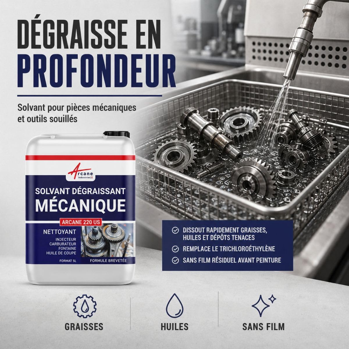 Solvant Dégraissage Mécanique Nettoyant Injecteur Carburateur 5 L | Dégraisse la Mécanique sans Trace Ni Film, Pièces, Injecteurs, Carburateurs, Avant Peinture - Arcane Industries