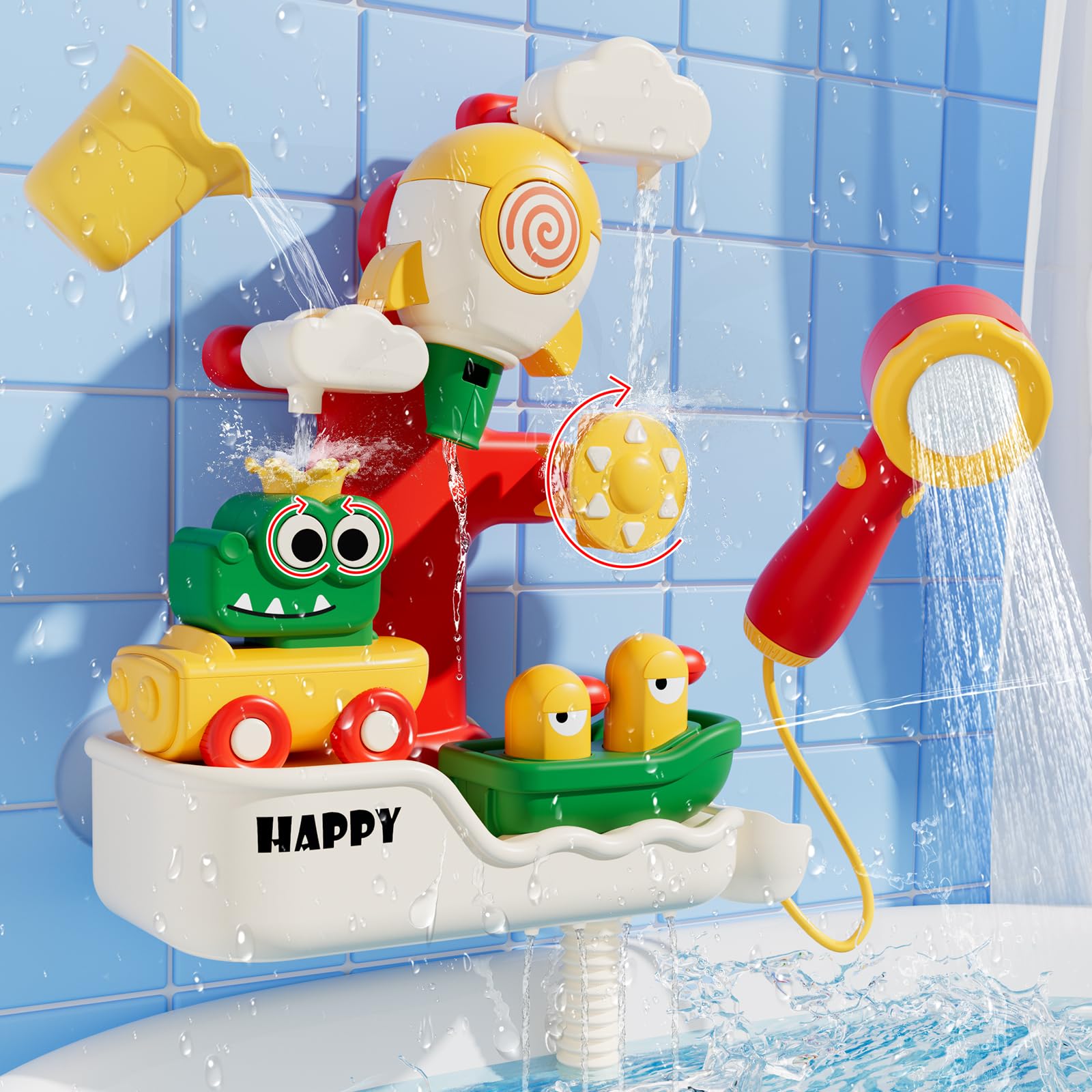 SOCBTNSO FlowFun Electric Shower Bath Toy for Toddlers | 360° Rotate with Rocket Whistle, Car and Yacht, Interactive Water Play for 18+ Months Baby