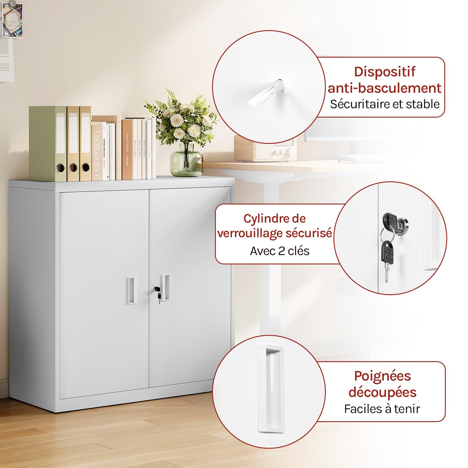 WOLTU Caisson Bureau, Armoire Bureau Métallique, Caisson de Rangement Verrouillable, avec Étagère Réglable, Meuble Rangement, Blanc
