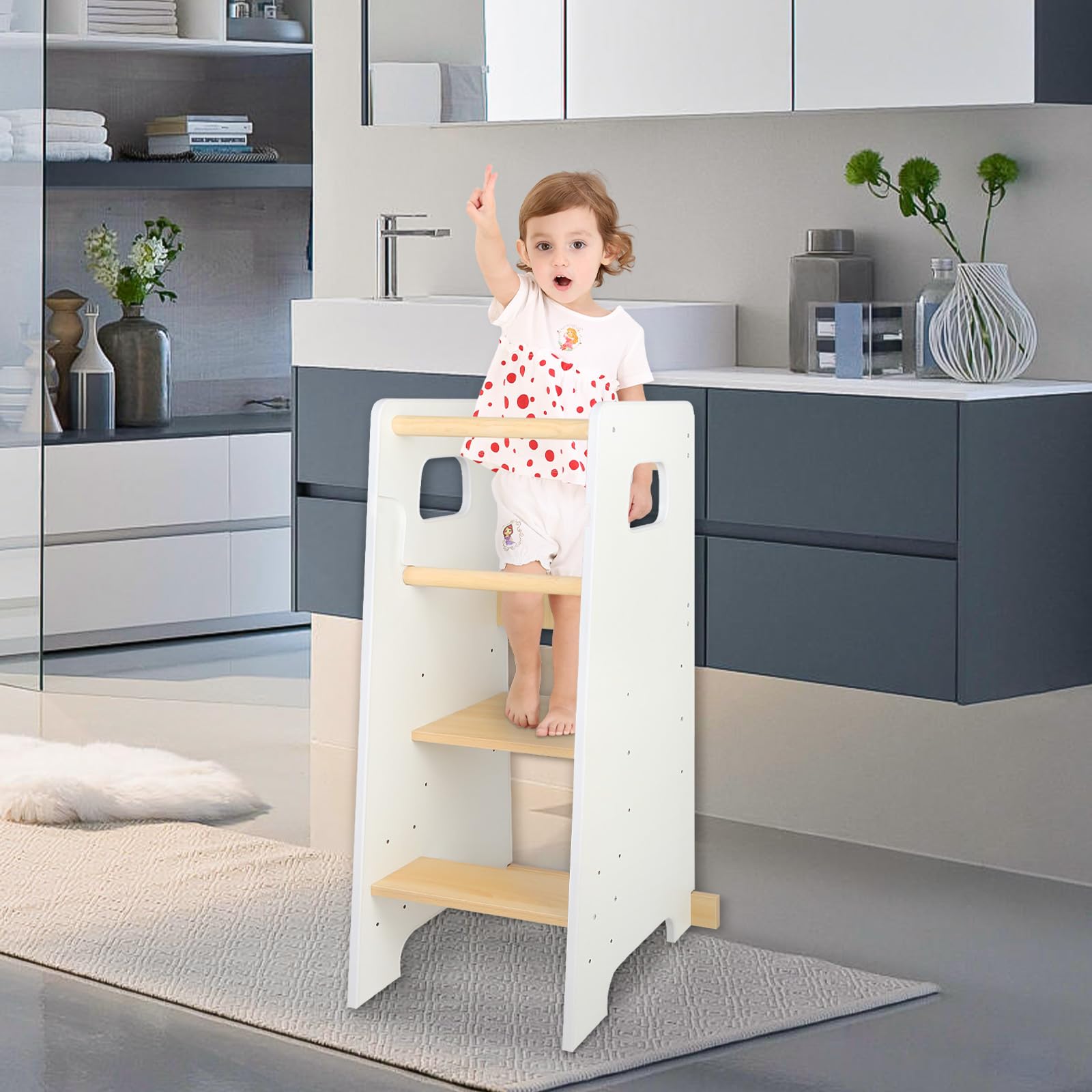 Lernturm aus Holz, höhenverstellbar – Montessori Hocker für Kinder Baby ab Ständer – Beobachtungsturm für Kinder mit rutschfesten Streifen – 90 x 42 x 40 cm – Weiß