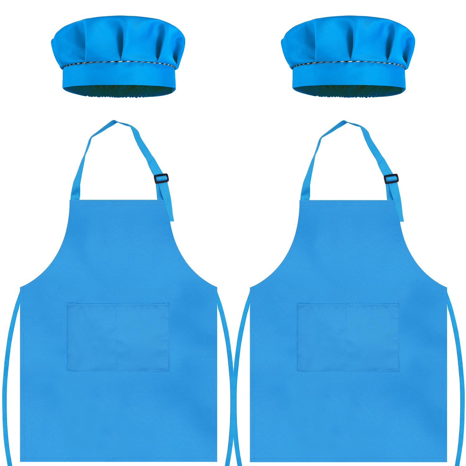 TOPWAYS Kids Apron and Chef Hat Set, kids Aprons for Cooking 2 Pack, Adjustable Toddle Kitchen Chef Apron, Kids Artist Painting Apron Bib with Two Pockets for Kids 3 4 5 6 years (2 x sky blue, L)