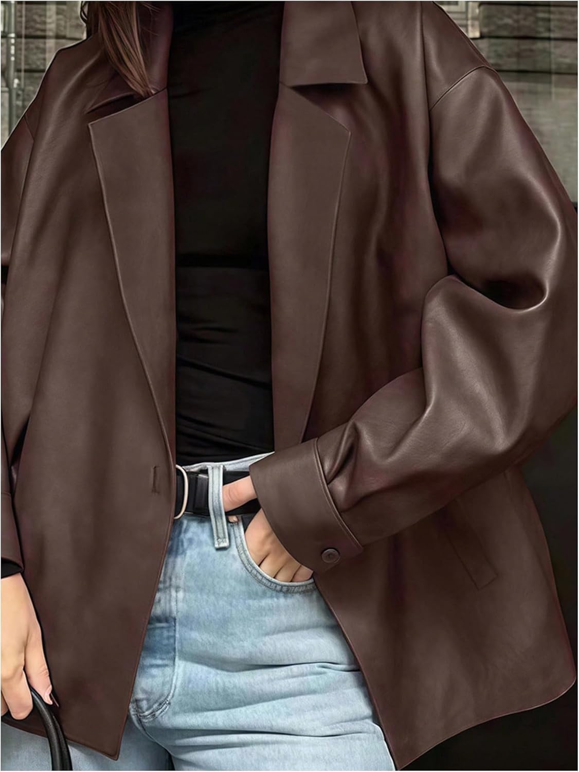 SHENHE Women's Faux Leather Lapel Collar Blazer Open Front Oversized Business Work Jacket Blazer - Image 6