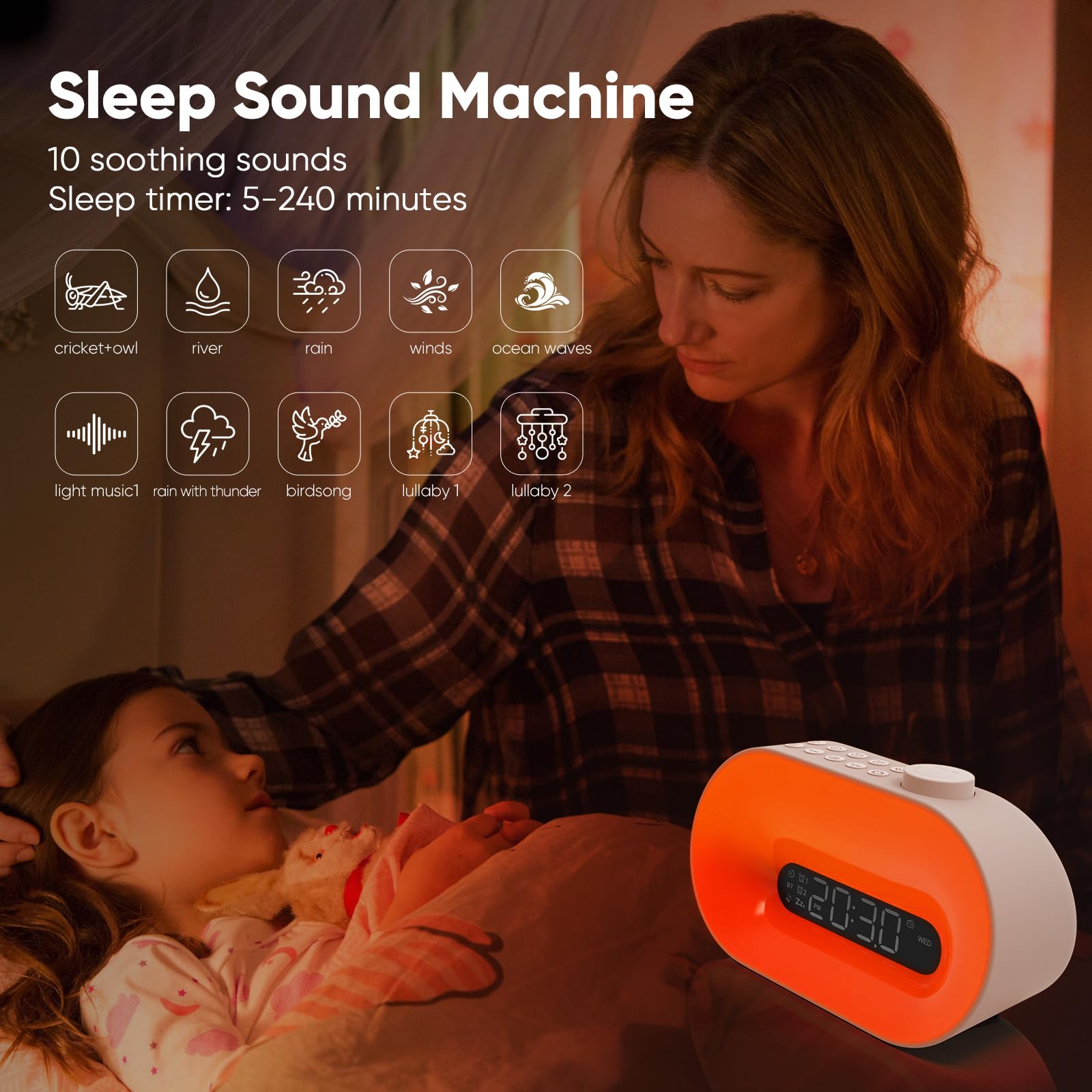 Lampe de Réveil Bluetooth avec Radio FM, 2 Alarmes, 16 Couleurs, Snooze, 8 Sonneries