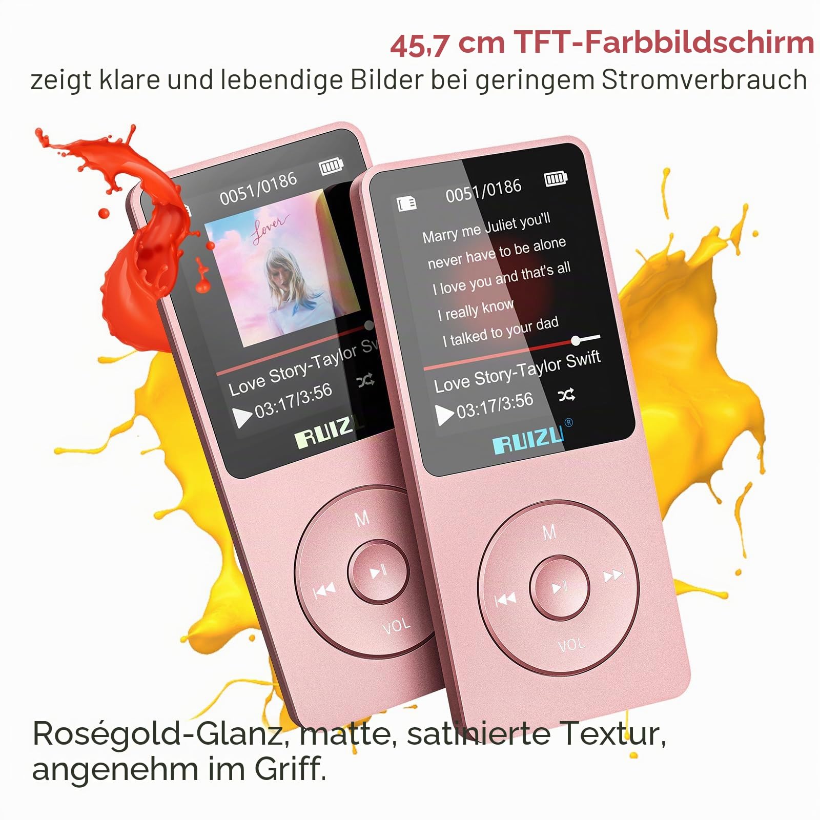 RUIZU 32GB MP3 Player with Bluetooth 5.3, 1.8" Screen Portable Music Player, FM Radio, Voice Recording,80H Digital Audio Video Playback,Support 128GB，Rosagold