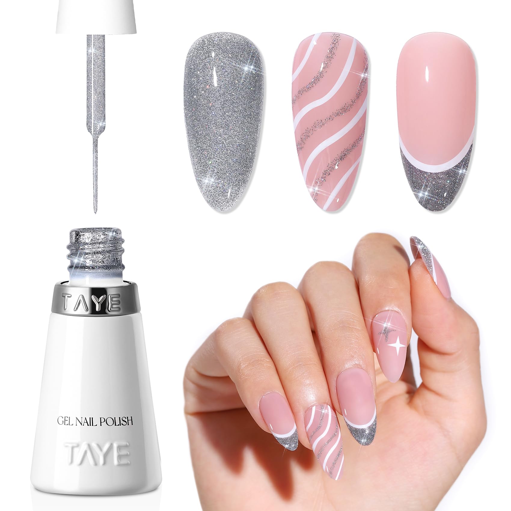 TAYE Glitter Gel Nail Polish Liner Silver Sparkle Gel Nails Polish Reflective Glitter Holographic Nail Polish Built Thin