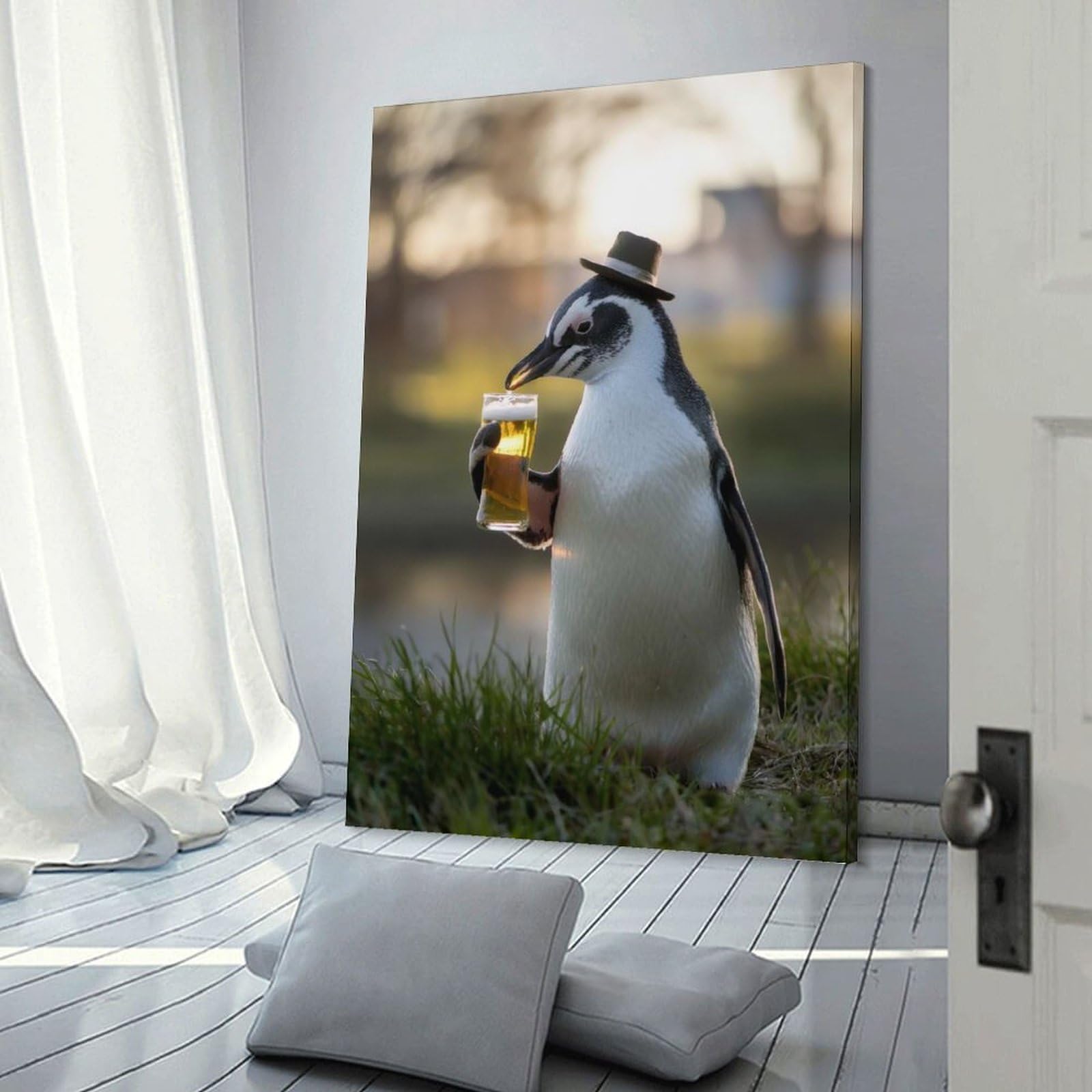 Junmoney Frame-Style-14 Penguin Sipping A Beer Decorative Canvas Print, 20X30inch(50X75cm), For Home, Office, Studio Or Guest Room, Versatile Wall Decor For Many Rooms