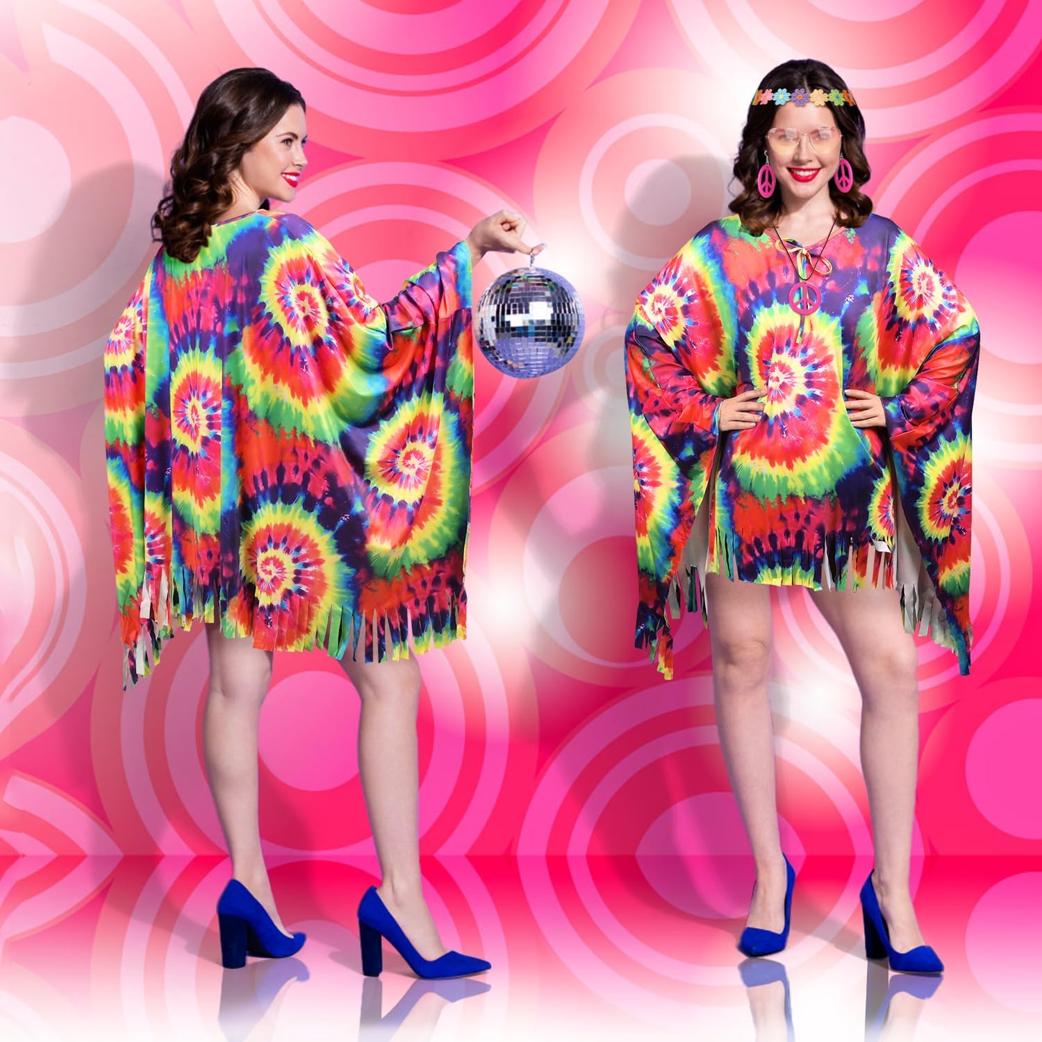 iZoeL Costume Hippie Uomo Donna Anni 70-80 - Mantello/Top Parrucca Hippie Borse Occhiali da Sole Fascia per Capelli Orecchini Collana Pace, Costume Carnivale/Halloween Anni 70-80（Vedi la descrizione）