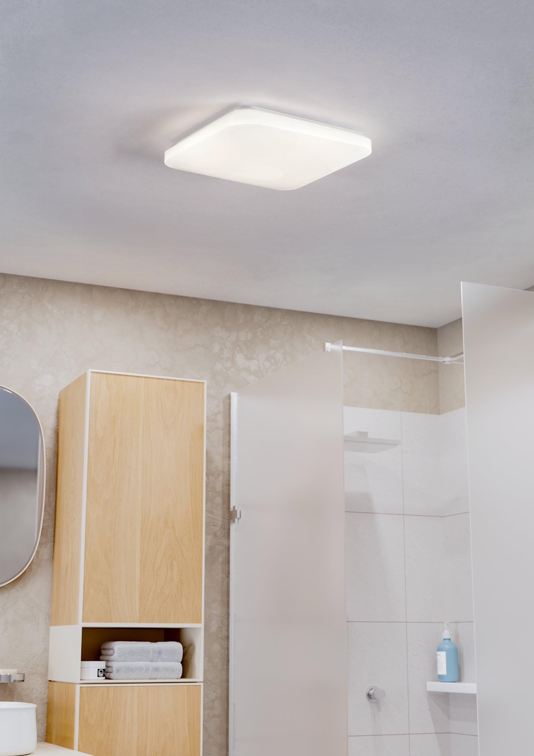Eglo Frania-IP Lámpara de techo LED, para baño, fabricada en metal y plástico de color blanco, con luz blanca cálida, neutra y fría, protección IP44 y unas medidas de 33 × cm