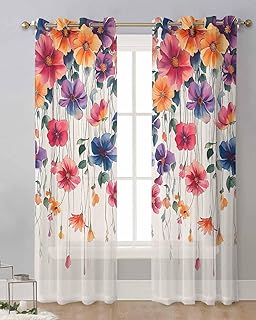 Watercolor Flowers Sheer Curtains 84 Inches Long 2 Panel Set, Country Pa...