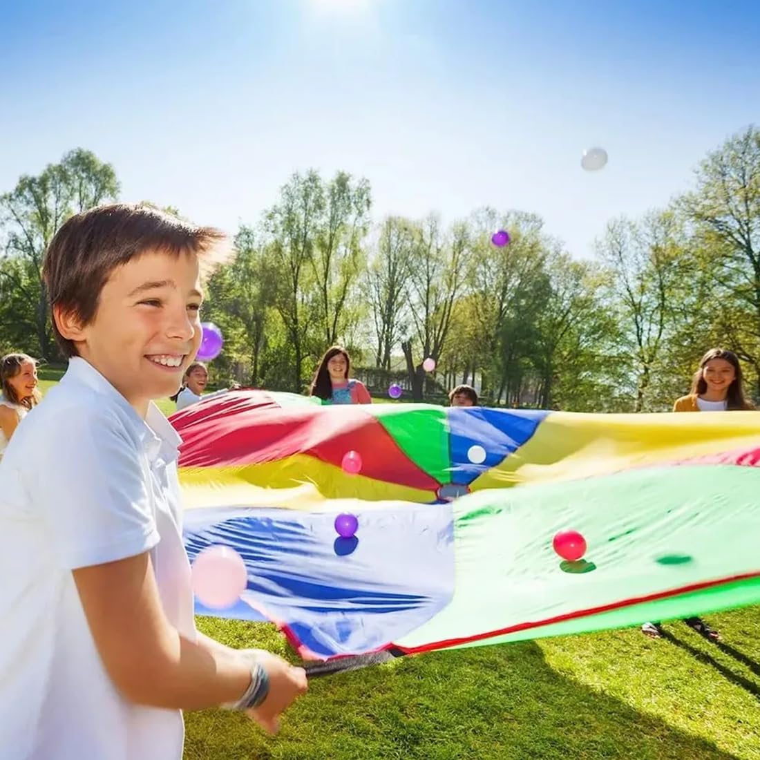 Paracadute Bambini, Paracadute Professionale, Telo Arcobaleno con Maniglie per Giochi di Gruppo, Ginnastica e Feste di Compleanno, Ideale per Interni ed Esterni, 300 cm, 3 metri, 12 bambini