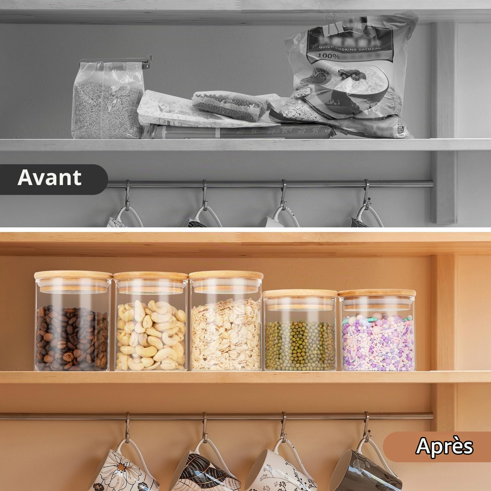 Cinnani Bocaux en Verre Lot de 10, Rangement Cuisine Avec Couvercle en Bois et Rondelle, Hermétique Pour Céréales, Cornflakes, Sucre, Spaghetti