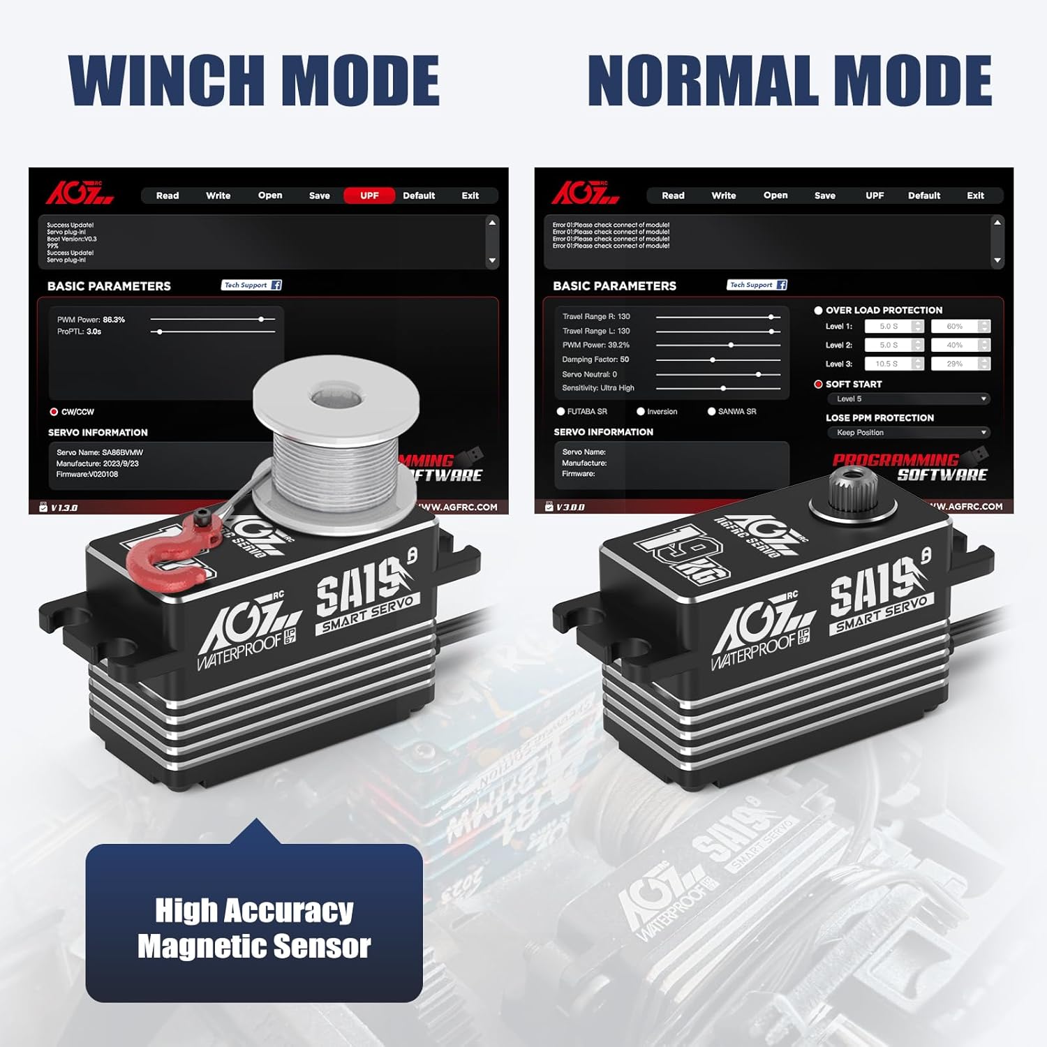 AGFRC 19KG Low-Profile Waterproof RC-Winch-Servo - 0.073s High Speed, Full CNC Metal Gear, Brushless Programmable Smart Servo with 25T Metal Winch Horn for 1/10 RC Cars, Crawlers (SA19 Winch)