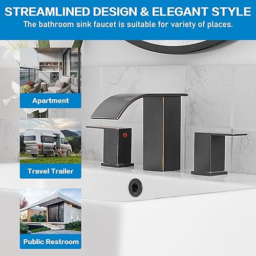 Miniatura 8 de Grifos de baño de 8 pulgadas, grifos de baño de bronce aceitado para fregadero, 3 agujeros, generalizados, 2 asas, grifo de lavabo de acero