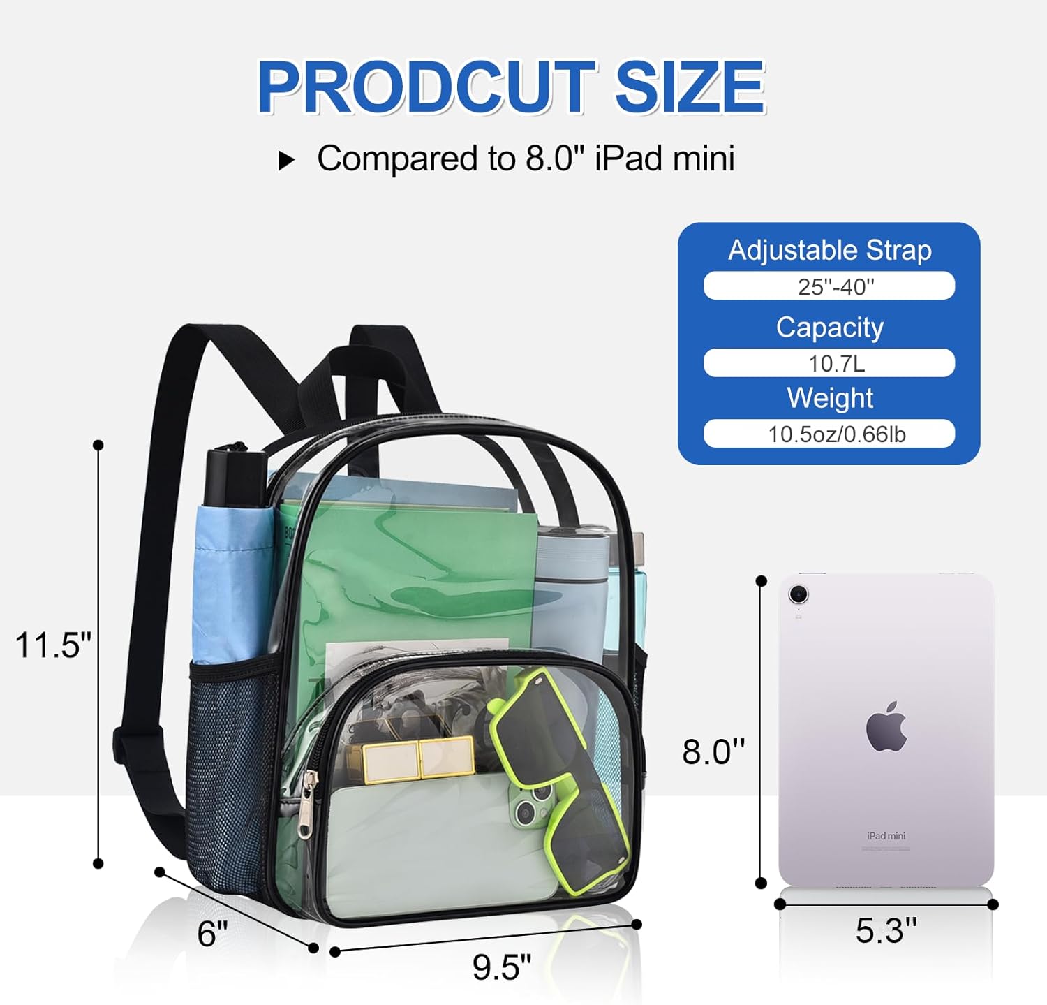 Clear Backpack for Stadium Events Small Clear Bag with Front Pocket 9.5" x 6"x 11.5" Waterproof Stadium Backpack Women Fashion Backpack for Concert Sport Travel, Black - Image 2