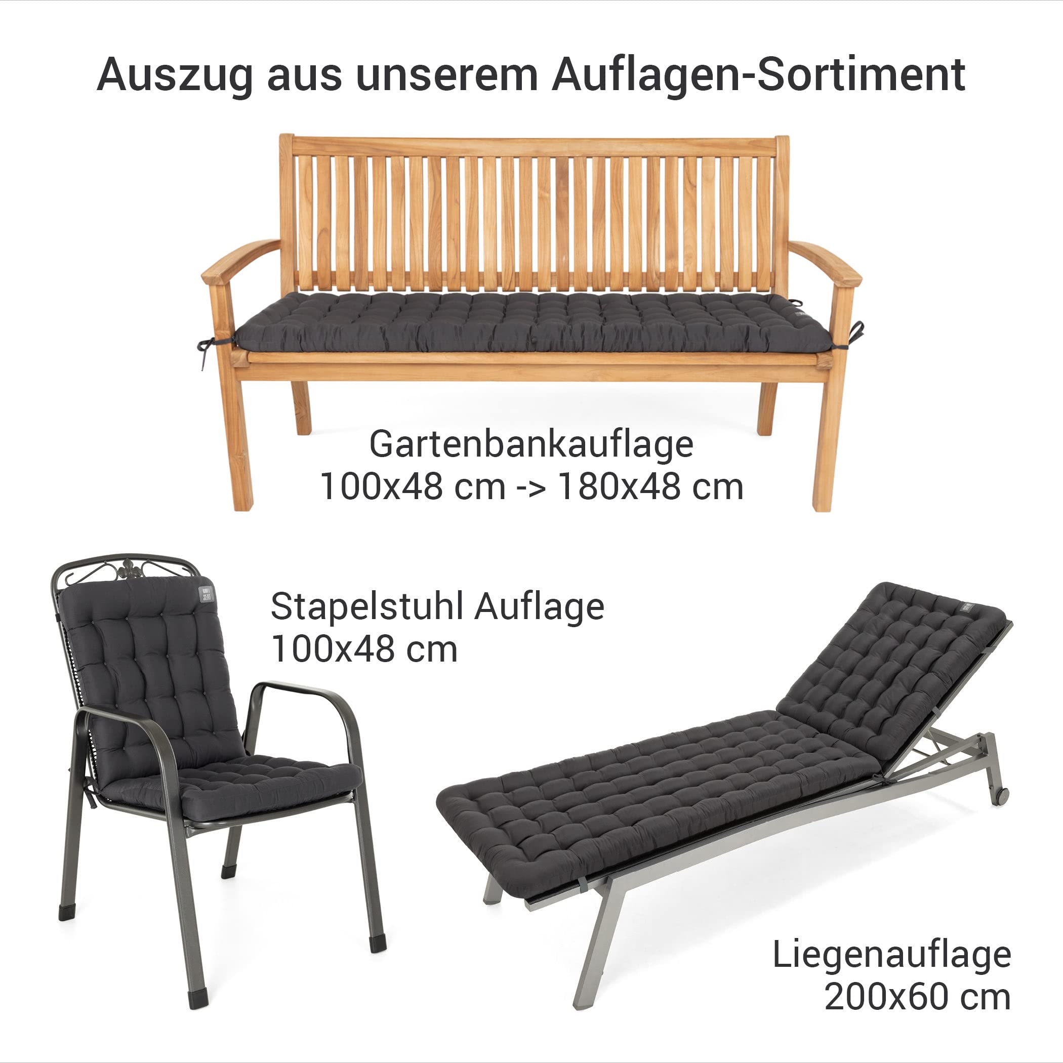 Gartenbank Auflage mit Rückenteil 110 cm - Bequemes Gartenbankauflagen Set - Waschbar bis 95°C, Orthopädisch, Wetterfest - Made in Germany (2X 110x48 cm, Grau/Anthrazit)