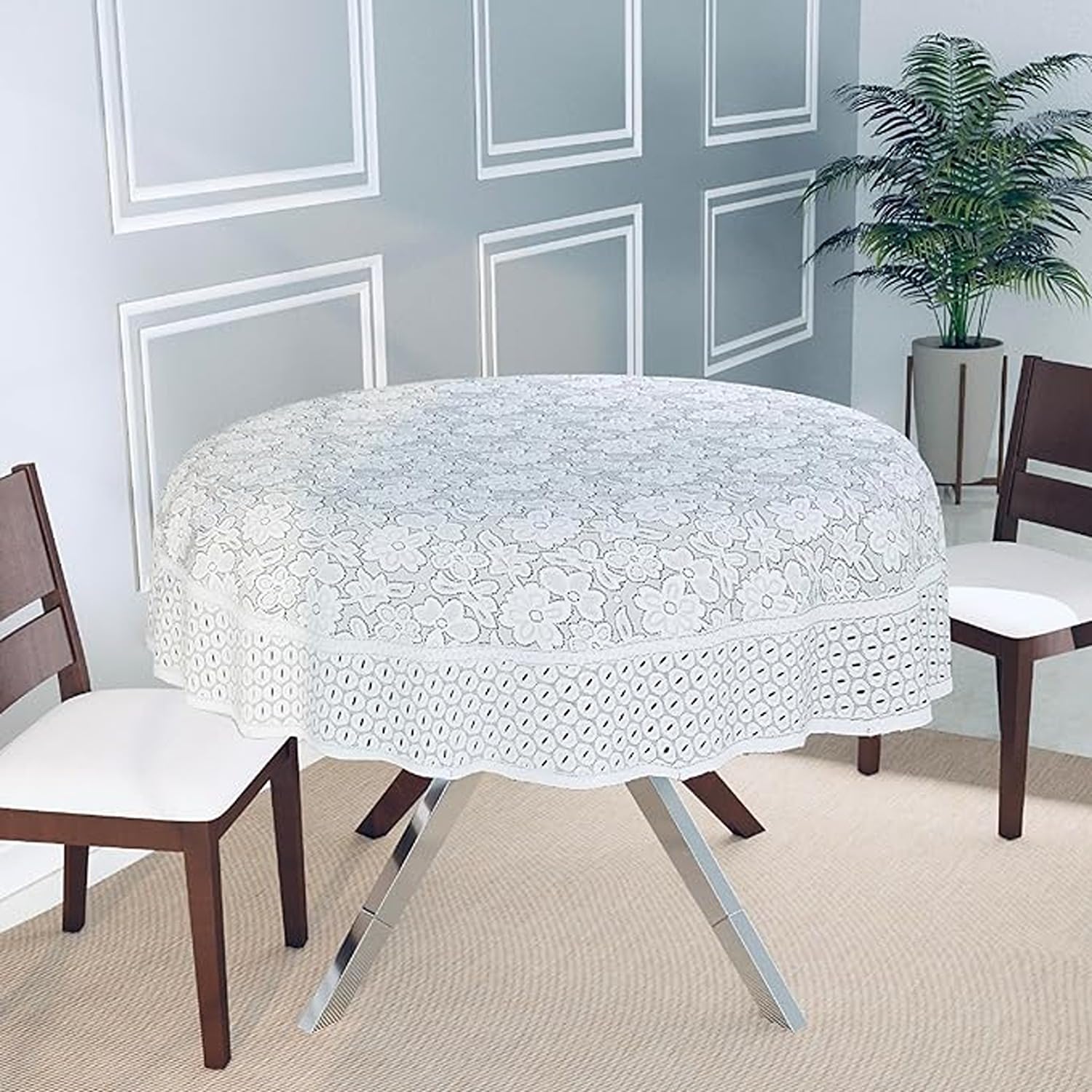 Dakshya Industries Round Table Cover, 60 Inch Diameter 4 Seater Floral Polycotton Dining Table Cover (White)-image-21
