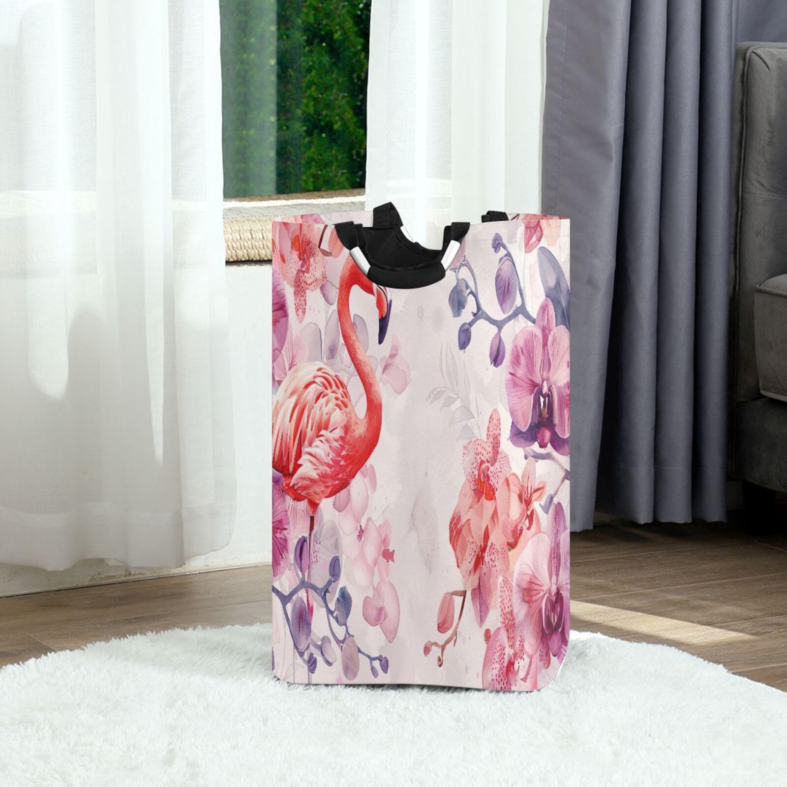 Jihqo Laundry Hamper Basket Flamingo and Flowers Collapsible Nursery Storage Bin Waterproof Clothing Baskets for Home Bedroom Bathroom Washing Room