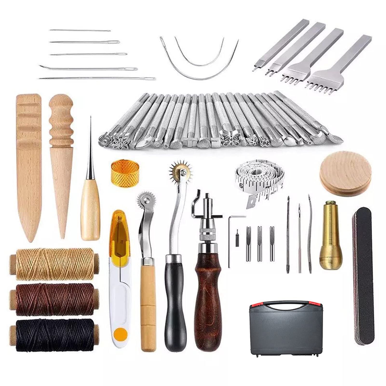 Irfora 59 STÜCKE Handwerk Leder Werkzeug Set DIY Leder Handarbeit Werkzeugset zum Nähen Stichen Schnitzen Drucken Schneiden Professionelles Lederhandwerk Zubehör mit verschiedenen Lederstempeln