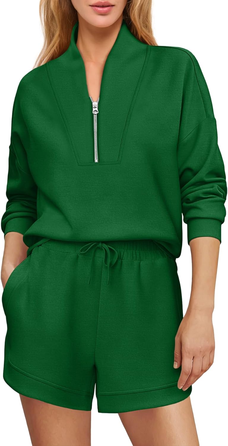 ReachMe Womens Oversized 2 Piece Lounge Sets Quarter Zip Sweatshirt & Shorts with Pockets Sweat Sets Airport Travel Outfits