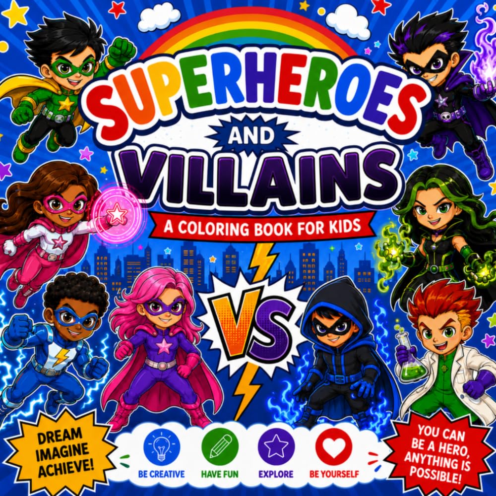 Superheroes VS Villains Colouring book for kids ages 4-10: superheroes, villains, design pages and hours of fun.