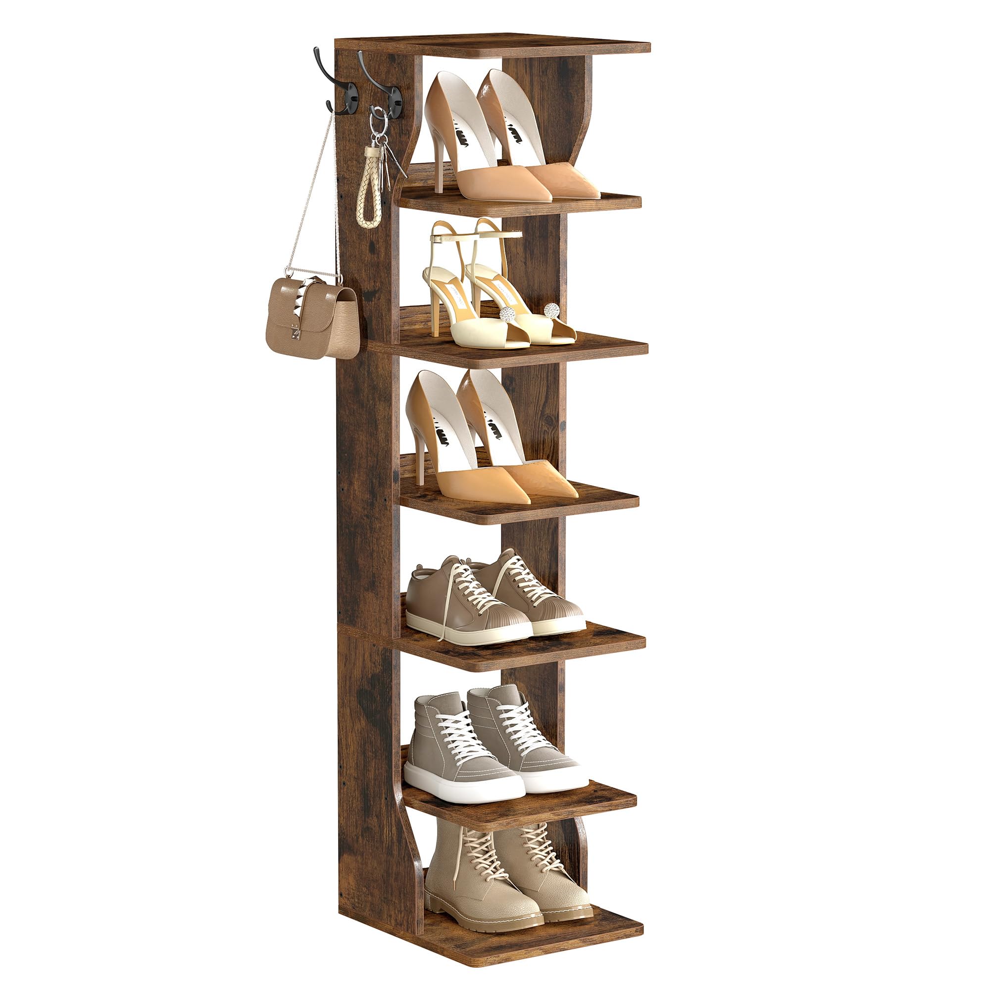 VASAGLE Slim Shoe Rack, Narrow Shoe Storage Organiser, 7-Tier Shoe Stand, for Small Spaces, Hallway, Cloakroom, Rustic Brown LBS200KD01