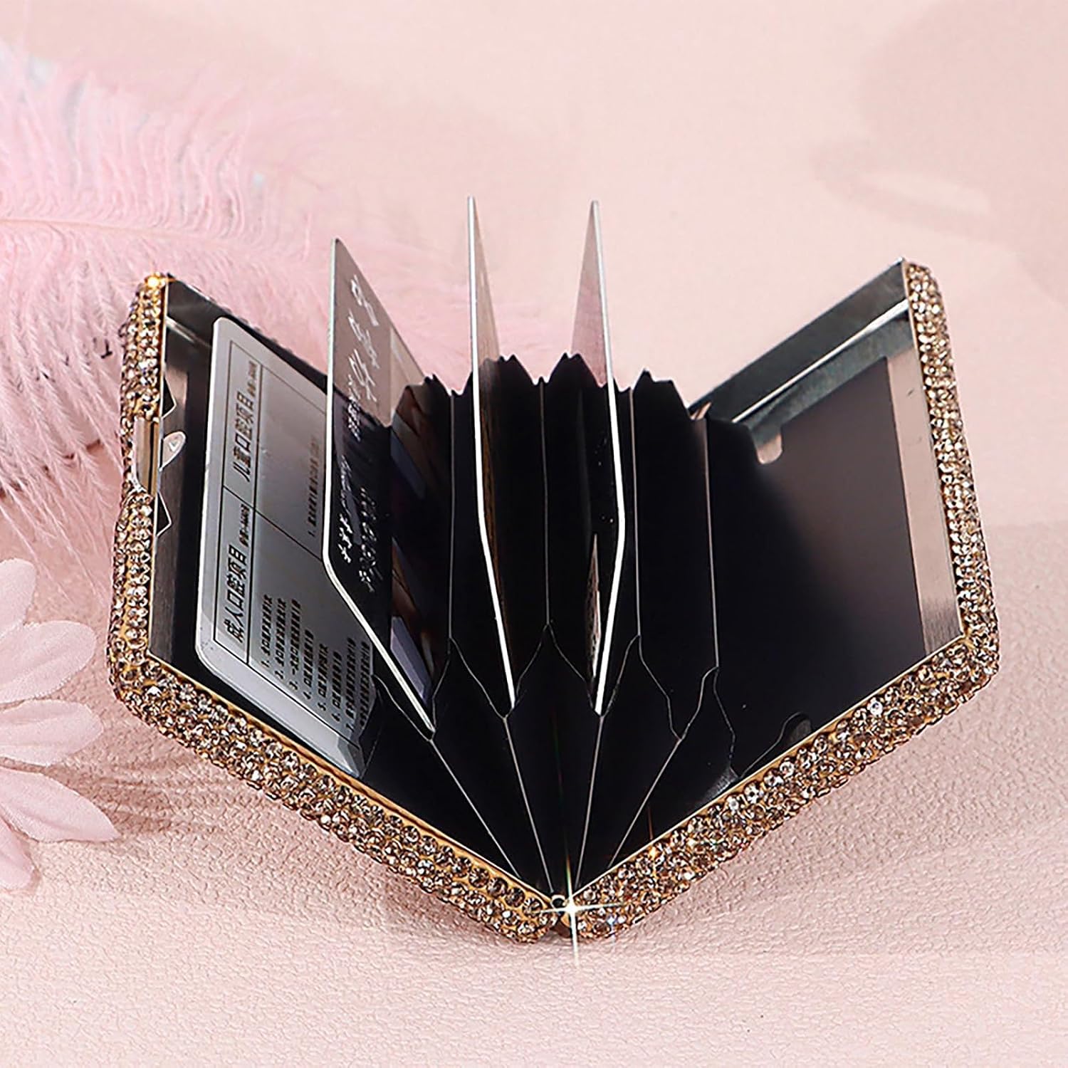 Bling Rhinestone Business Card Case, Aluminum Metal Credit Card Holder for Women Men, Ultra Slim Lightweight Mini Wallet for Pocket,Scratch Resistant Small Card Case (Golden)