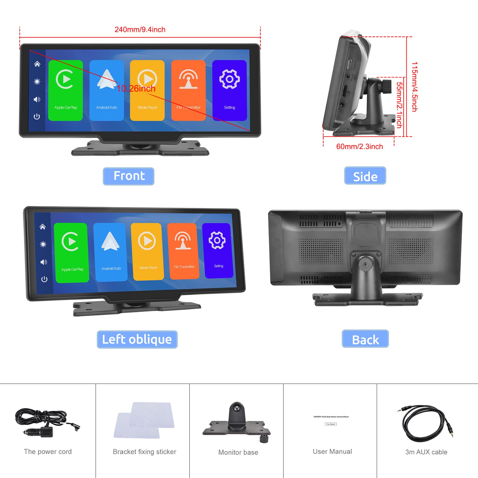 10.26 Inch Touchscreen Portable Car Radio Smart Player with Wireless Carplay Android Auto with Voice Control Dash Cam FM Transmitter Bluetooth Handsfree Call/Music AUX-in Head Unit