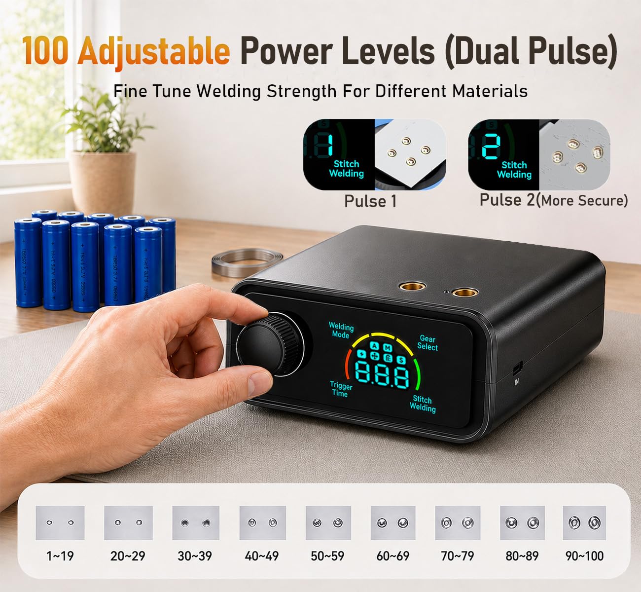 Soudeur par points de batterie 11 000 W, Awgem 0,1-0,3 mm portable avec bouton rotatif 100 vitesses, modes de pédale automatique/pied, double impulsion, pour réparation et soudage de batterie au