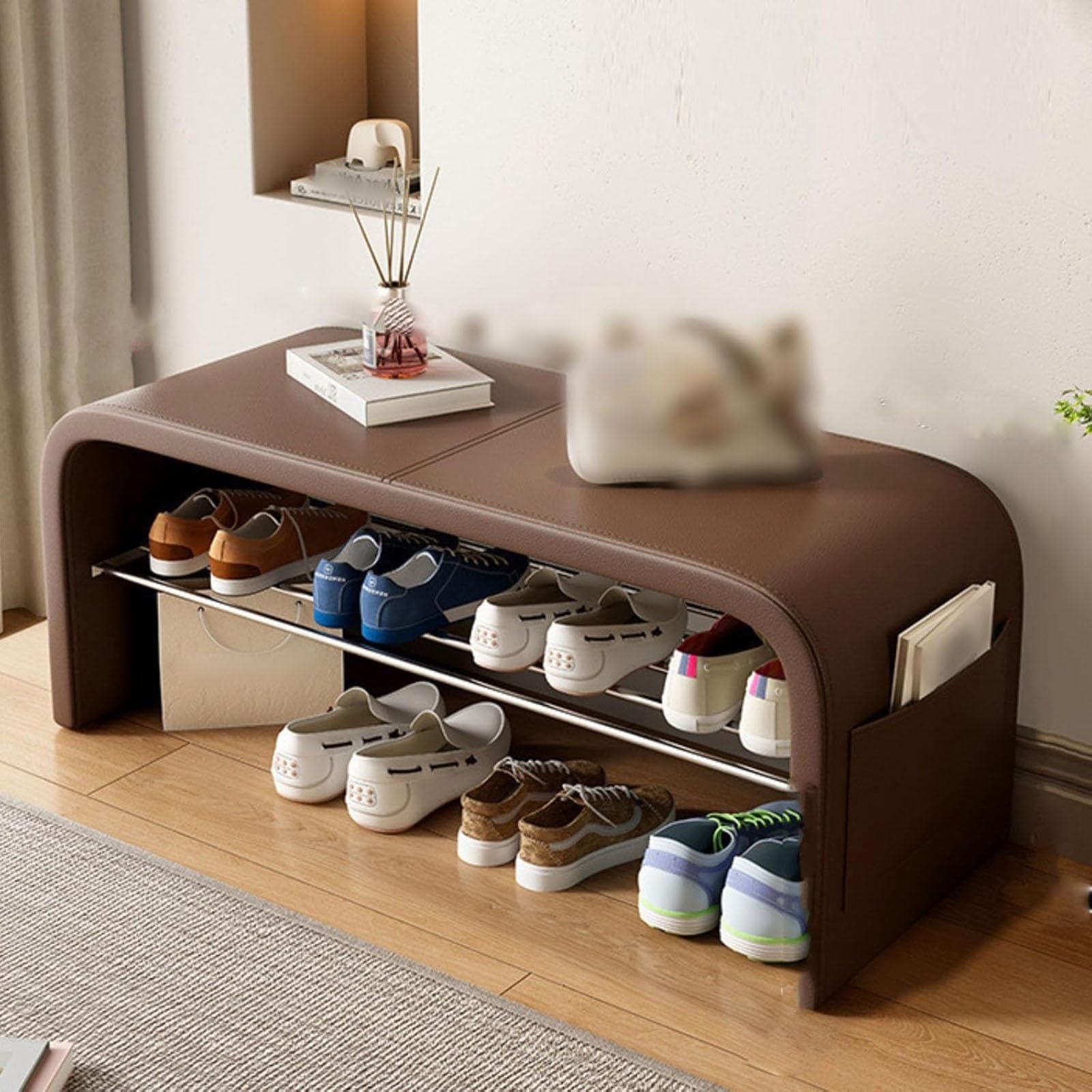 LWJSOCP Multi-Functional Hallway Storage Bench with Padded Seat & Shoe Rack - Stylish Entryway nizer with Storage Shelf for Living Room Bedroom & Porch (Brown 80cm/31.5in)