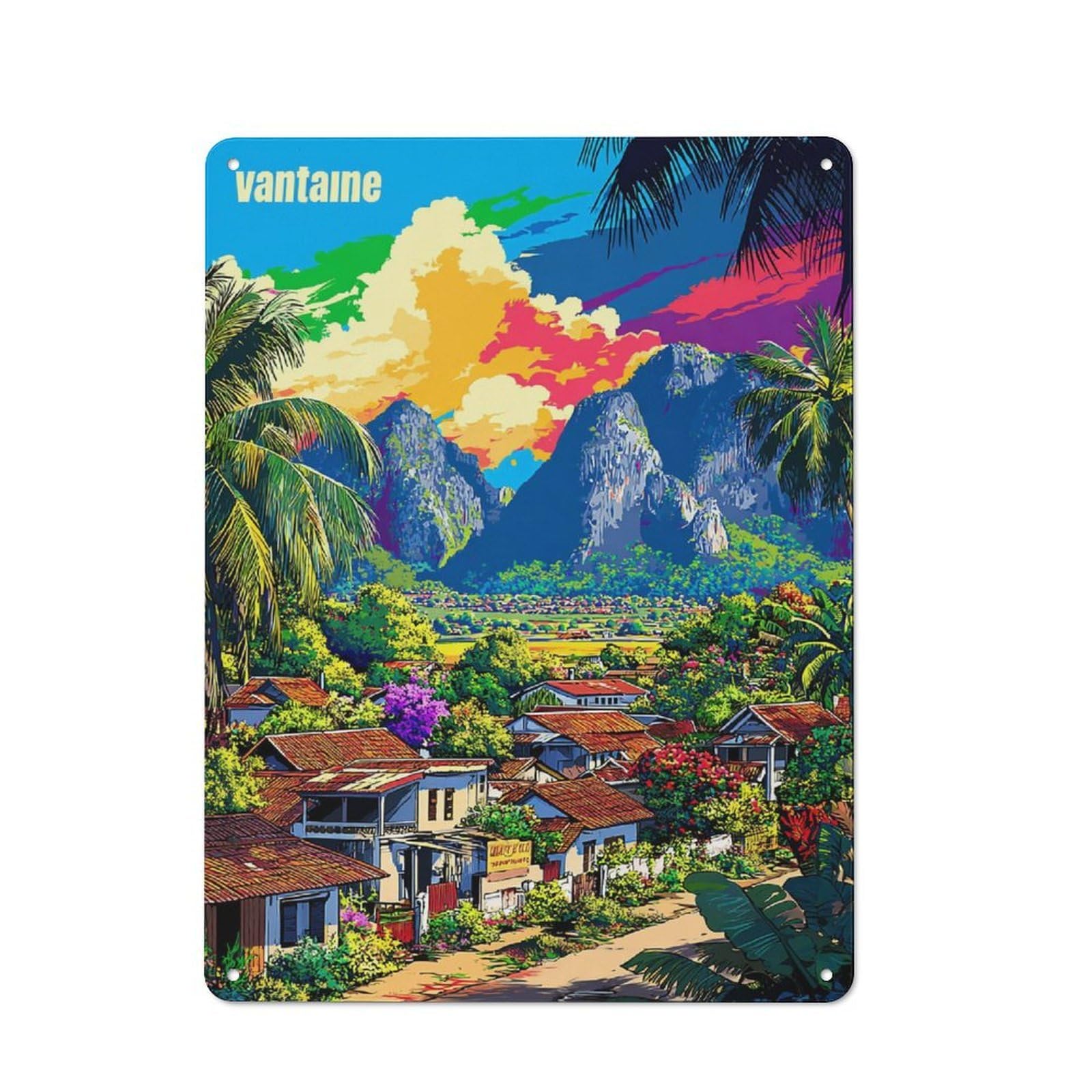 Retro Vibrant Tropical Village Scene Metal Sign 40x30cm, Classic Pub Decor for Cafe, Pub, Workshop Or Home Bar, for Casual British Interiors