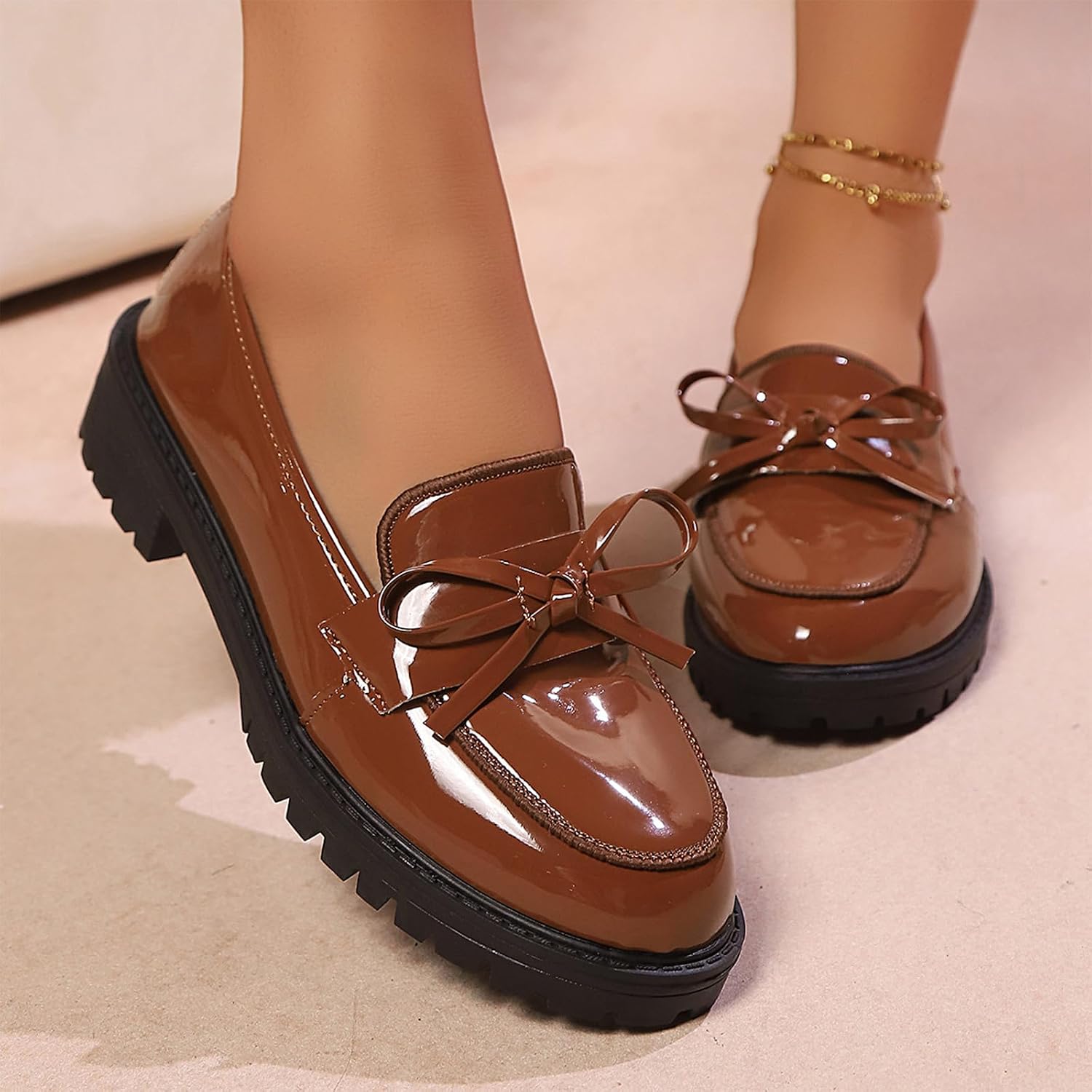 Women's Patent Leather Fashion Low Block Heel Loafers with Cute Bowknot Lightweight Comfortable Casual Shoes for Party Dating Daily