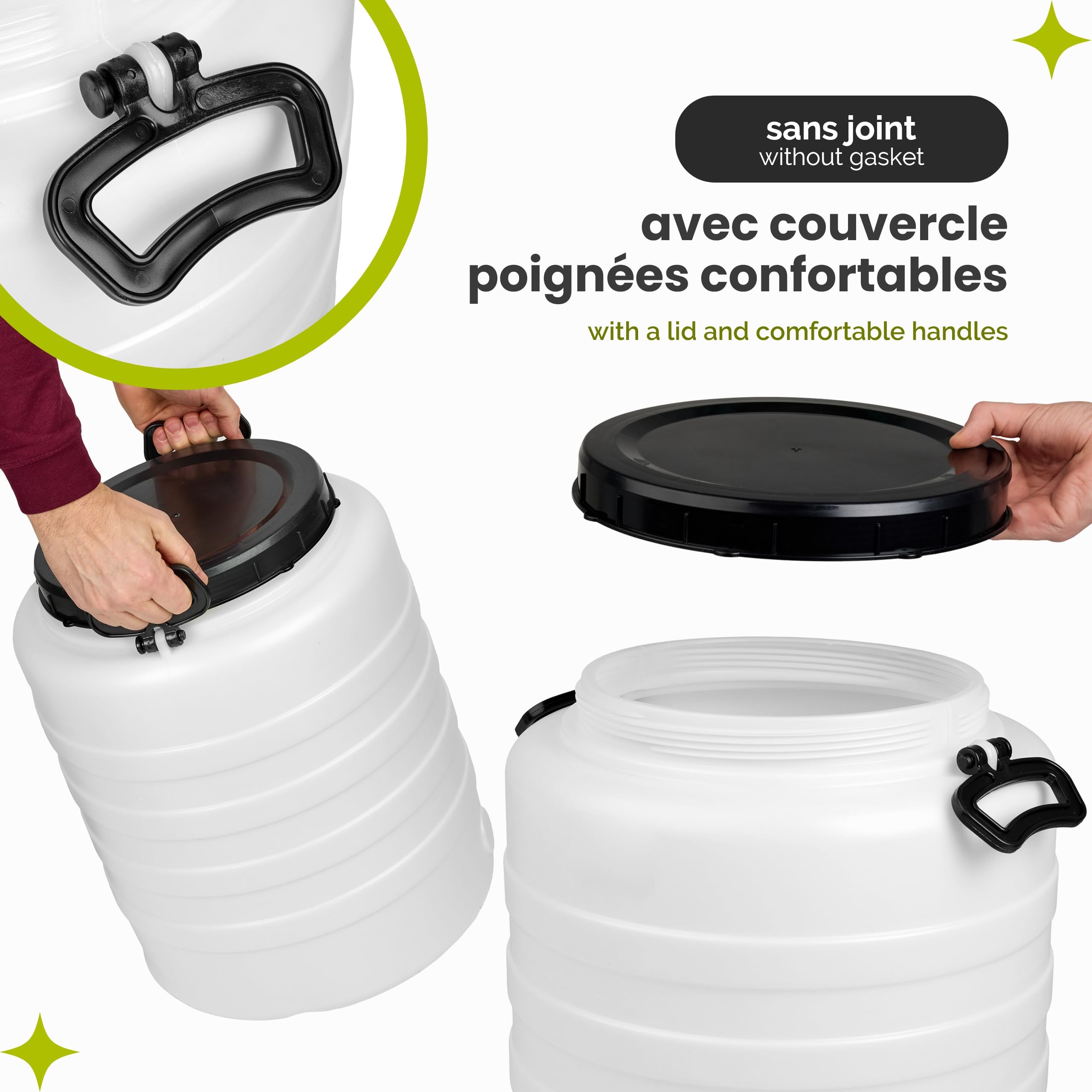 Garronda Fût Alimentaire 45 L Grille de Presse Plastique HDPE Tonneau Baril Grande Ouverture pour Eau, Stockage et Fermentation Recupérateur d Eau de Pluie GD-0187 Blanc
