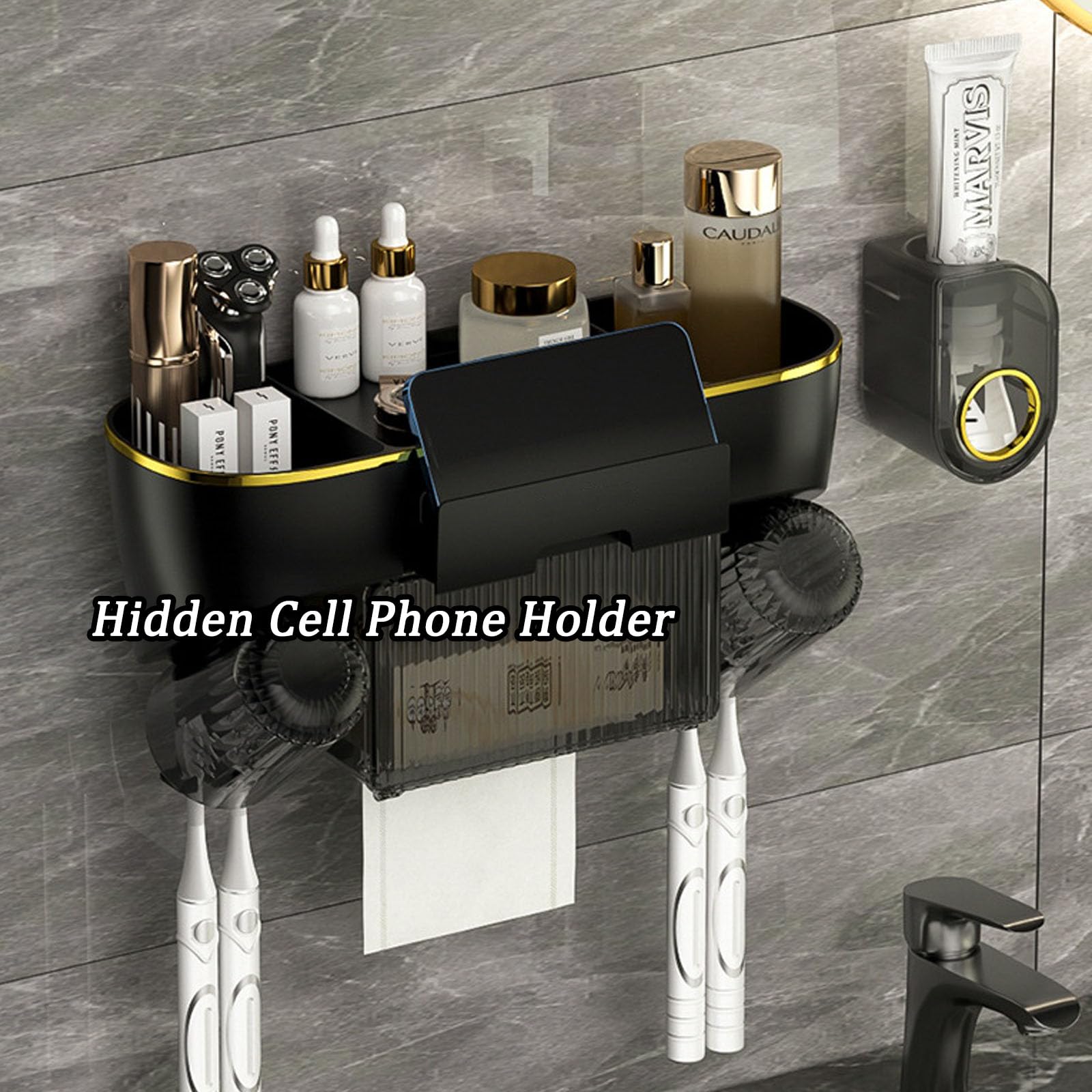 Portaspazzolini da Parete con Distributore di Dentifricio, Set Portaspazzolino Organizer da Bagno con Scatola di Fazzoletti, Adatto per L'installazione su Pareti Piatte-Black