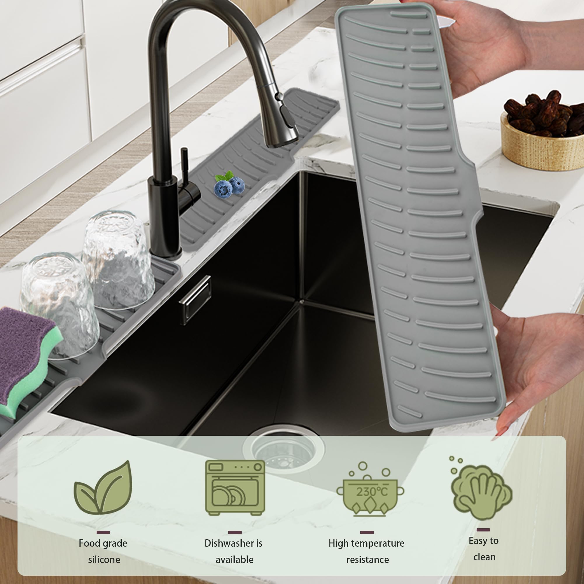 Volminex Silicone Faucet Mat for Sink Narrow Kitchen Sink Splash Guard, Faucet Handle Drip Catcher Tray - Image 3