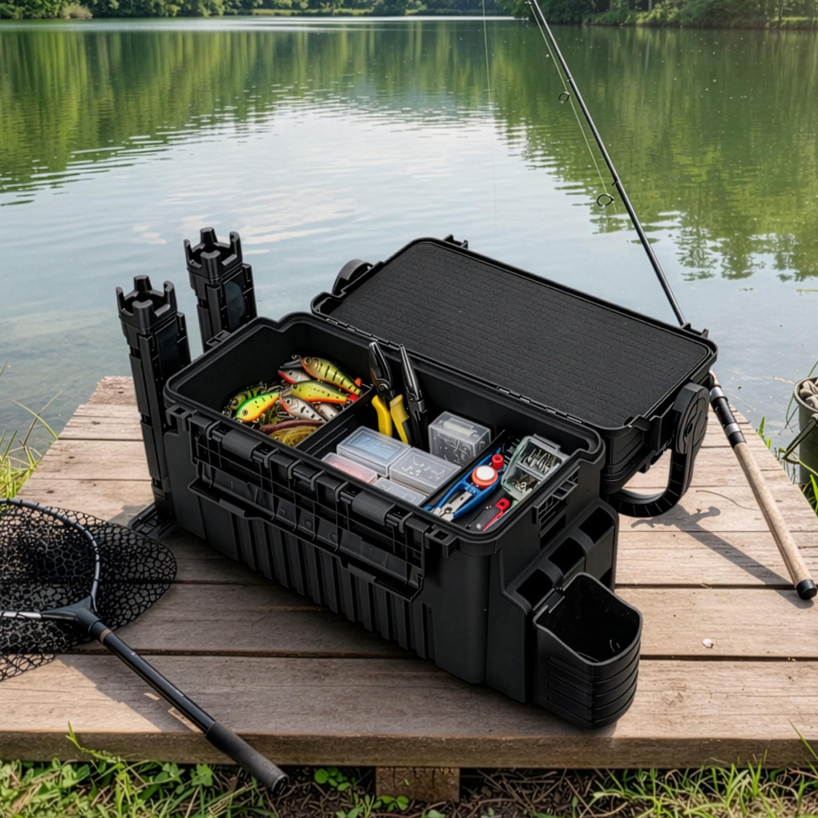 2-stöckig Groß Angelkoffer Tackle Box mit Rutenhalter & Becherhalter, klappbarem Tragegriff, 43×23×28cm Angelbox Angel Zubehör Organizer Angelzubehör Kunstköderbox, Angelboxen, Angelkasten (Black)