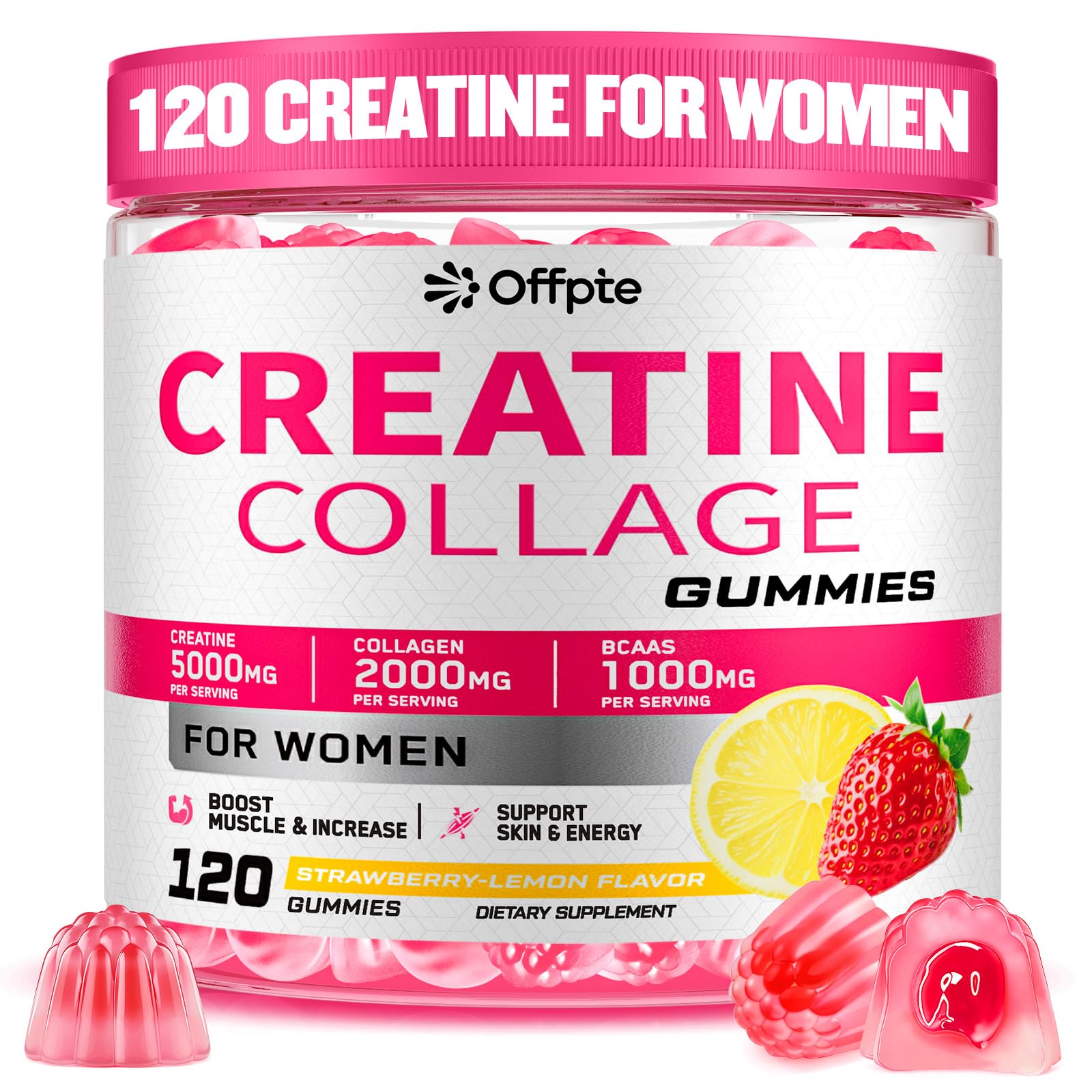 OFFPTE Creatine for Women, 5000mg Creatina Monohidratada Gummies with Collagen & BCAAs for Muscle Recovery, Energy & Skin, Chewable Post-Workout Supplement, Sugar-Free, No Bloating, 4 Gummies Per Day