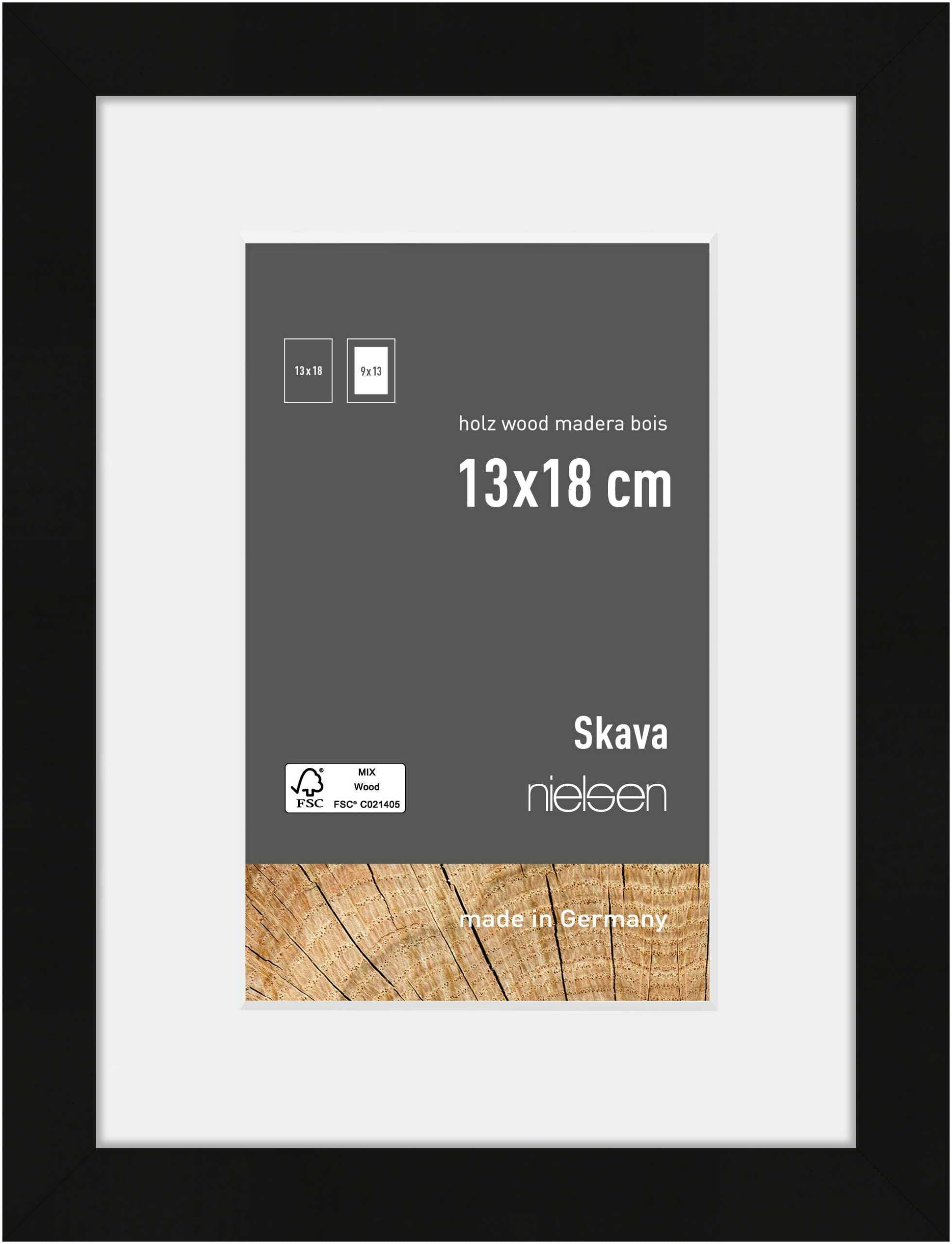nielsen Skava Wooden Picture Frame - Black 13x18cm with White Mount to fit 9x13cm photo - Float Glass and Easy Push-Turn Clips