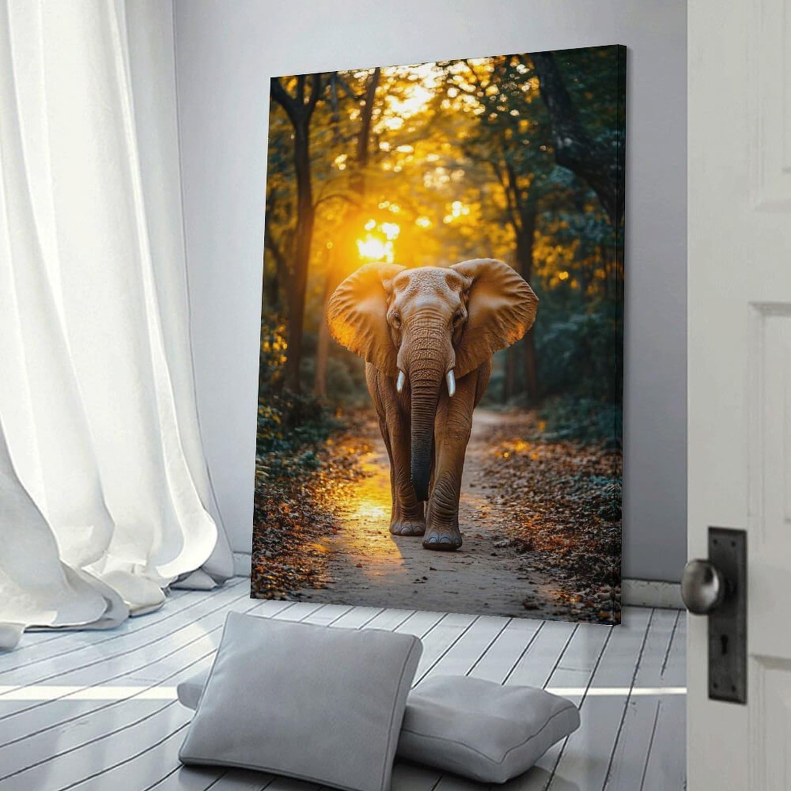 Junmoney Frame-Style-13 Elephant Walking Through Forest At Sunset Room Decor Wall Art 24X36inch(60X90cm), For Entrance Walls, Hall Decor Or Foyers, A Neat Decor Update For Hallways