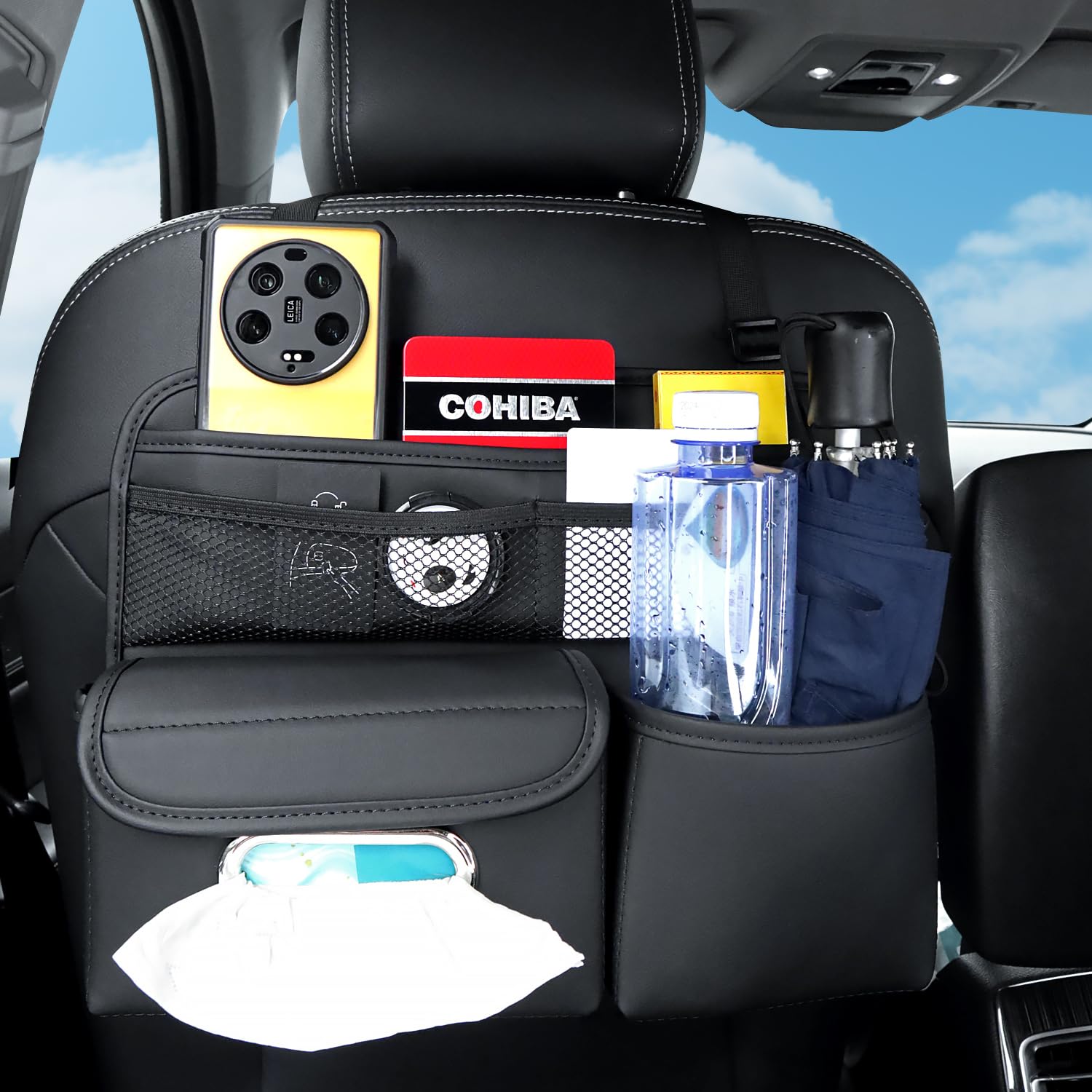 yimoyop PU Leather Back Seat Organizer Universal Multifunctional Large Capacity Rear Hanging Seat Storage Bag With Tissue Bag