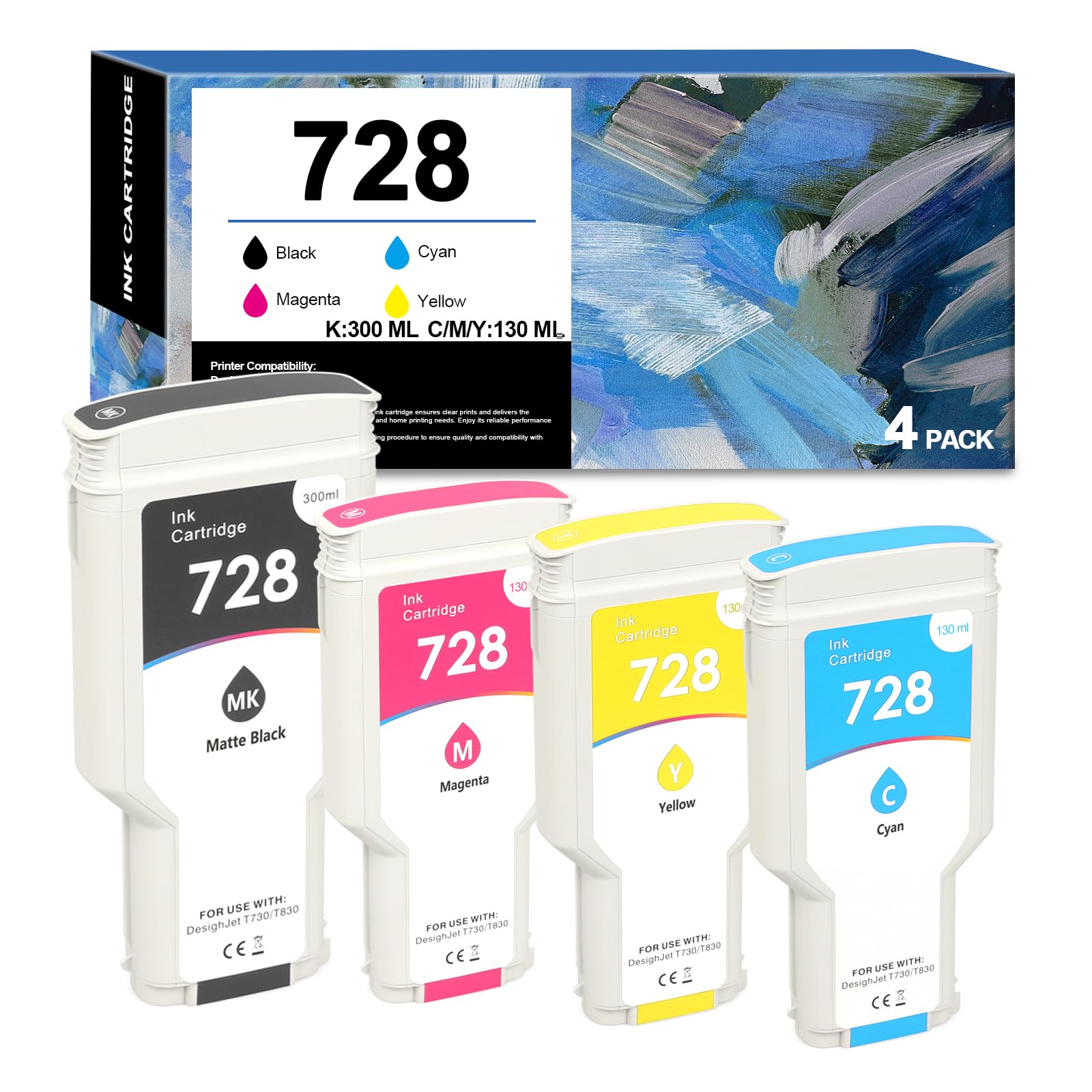 High Yield 728 Ink Cartridge Replacement for HP 728 Ink Cartridges F9J68A F9K17A F9K16A F9K15A DesignJet T830 T730 Printers (4Packs,300ML-Matte Black,