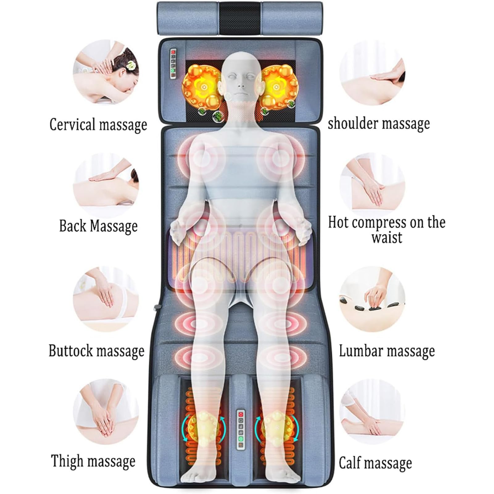 Podgrzewana mata do masażu, z 20 głowicami masującymi do ugniatania szyi Shiatsu, mata do masażu całego ciała, 10 silników wibracyjnych Mata masująca do masażu szyi, pleców, talii i nóg Masaż całego c
