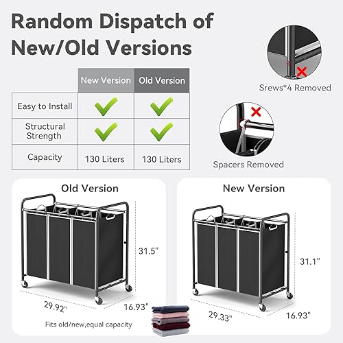 Vista 5 de ROMOON Clasificador de ropa resistente de 3 compartimentos, cesta con forro extraíble y ruedas, organizador que ahorra espacio para lavandería, Negro