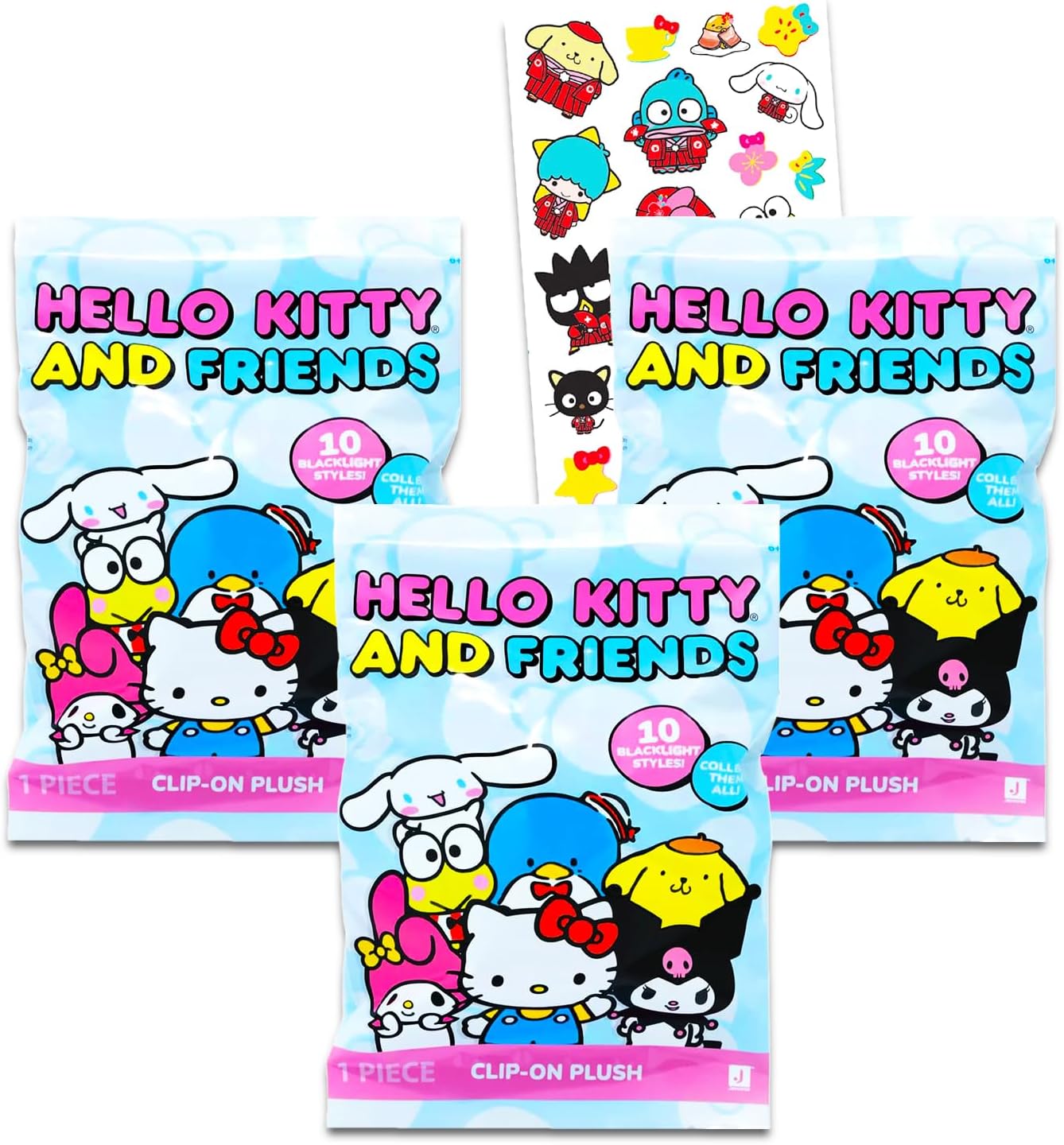 Hello Kitty Plush Blind Bag Party Favor Set - Bundle of 3 Sanrio Mystery Mini Blacklight Plushies: My Melody, Kuromi, More Plus Stickers